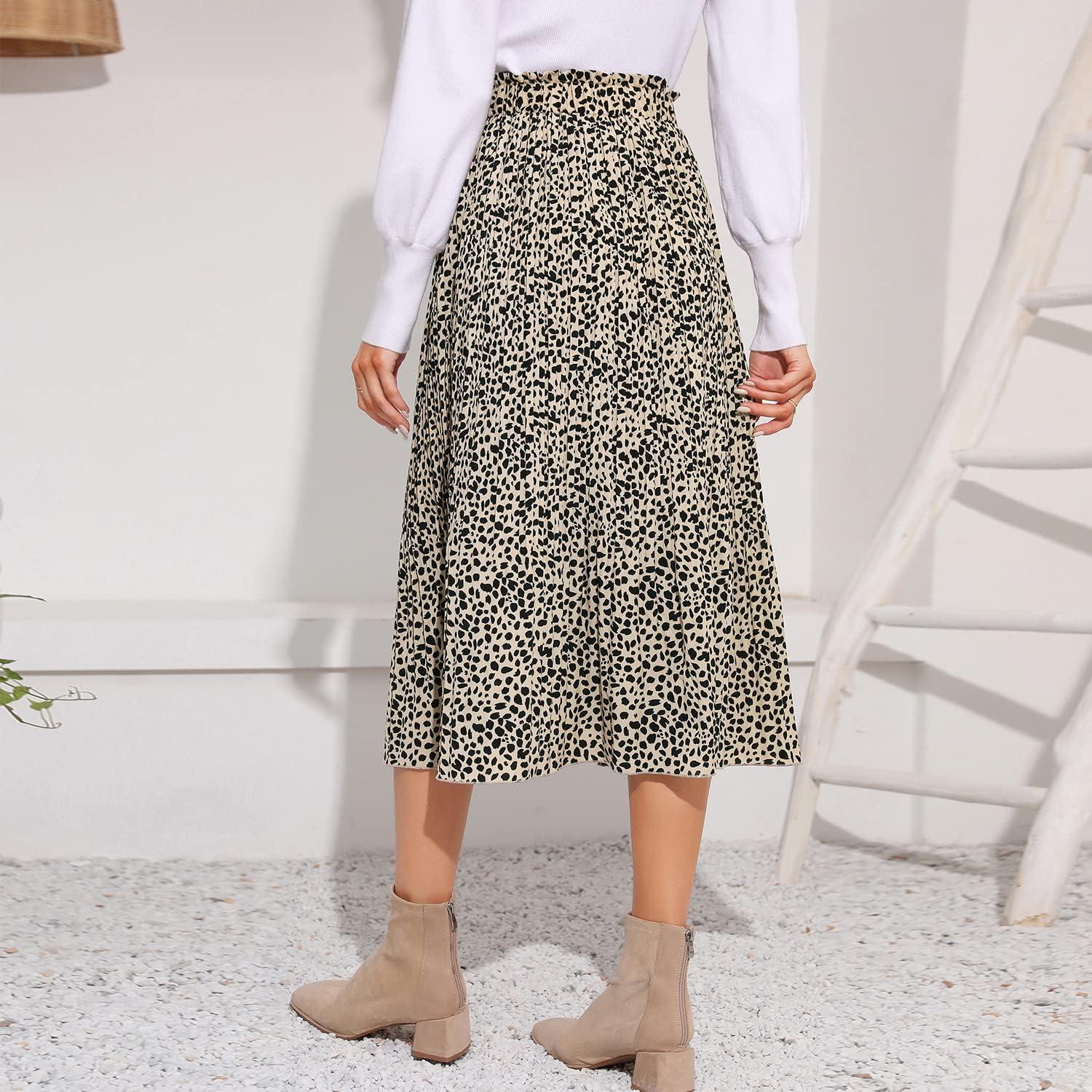imageEXLURA Womens High Waist Polka Dot Pleated Maxi Skirt Midi Swing Skirt Beach Vacation Cruise Outfits with PocketsApricotleopard