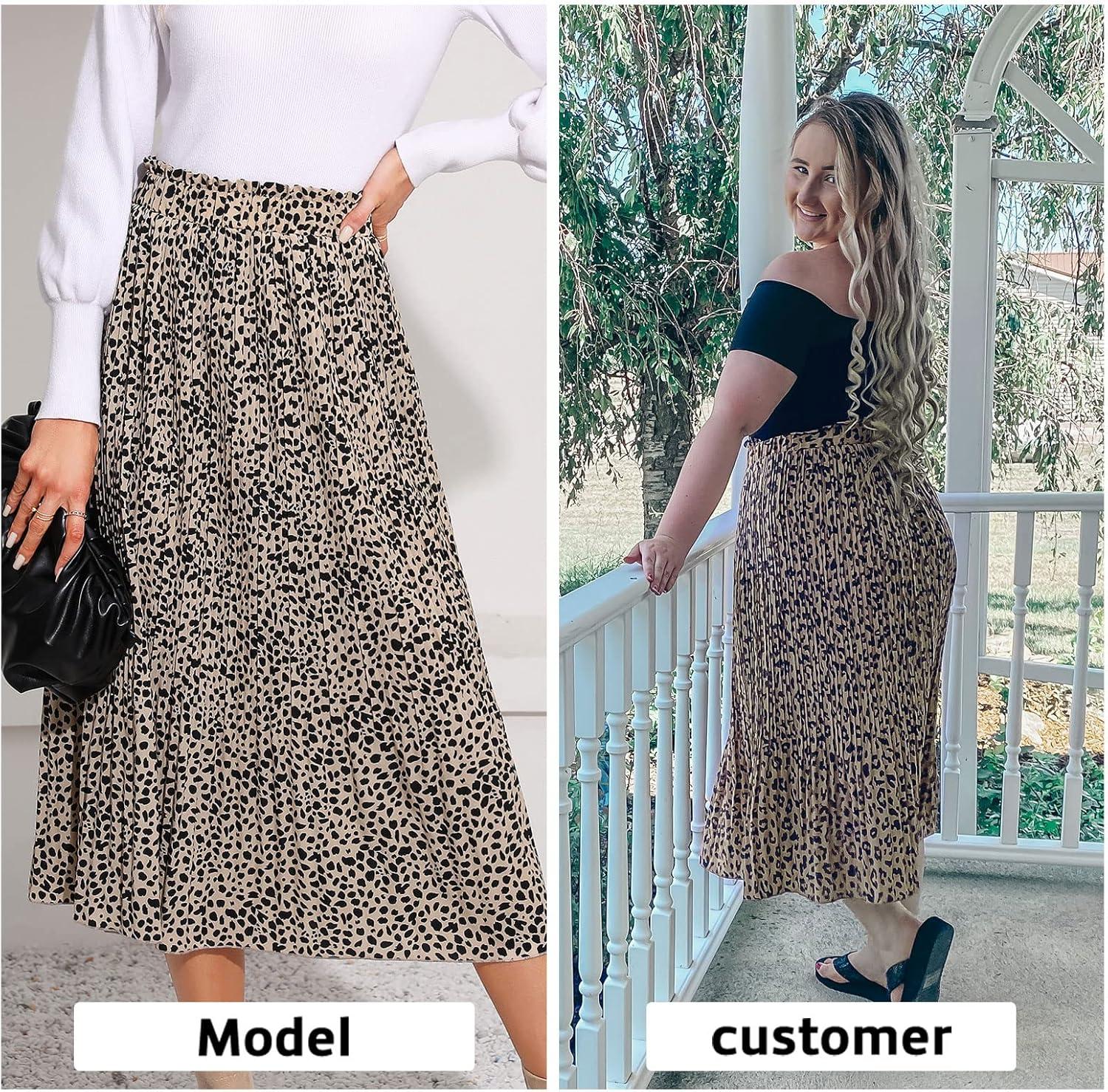 imageEXLURA Womens High Waist Polka Dot Pleated Maxi Skirt Midi Swing Skirt Beach Vacation Cruise Outfits with PocketsApricotleopard
