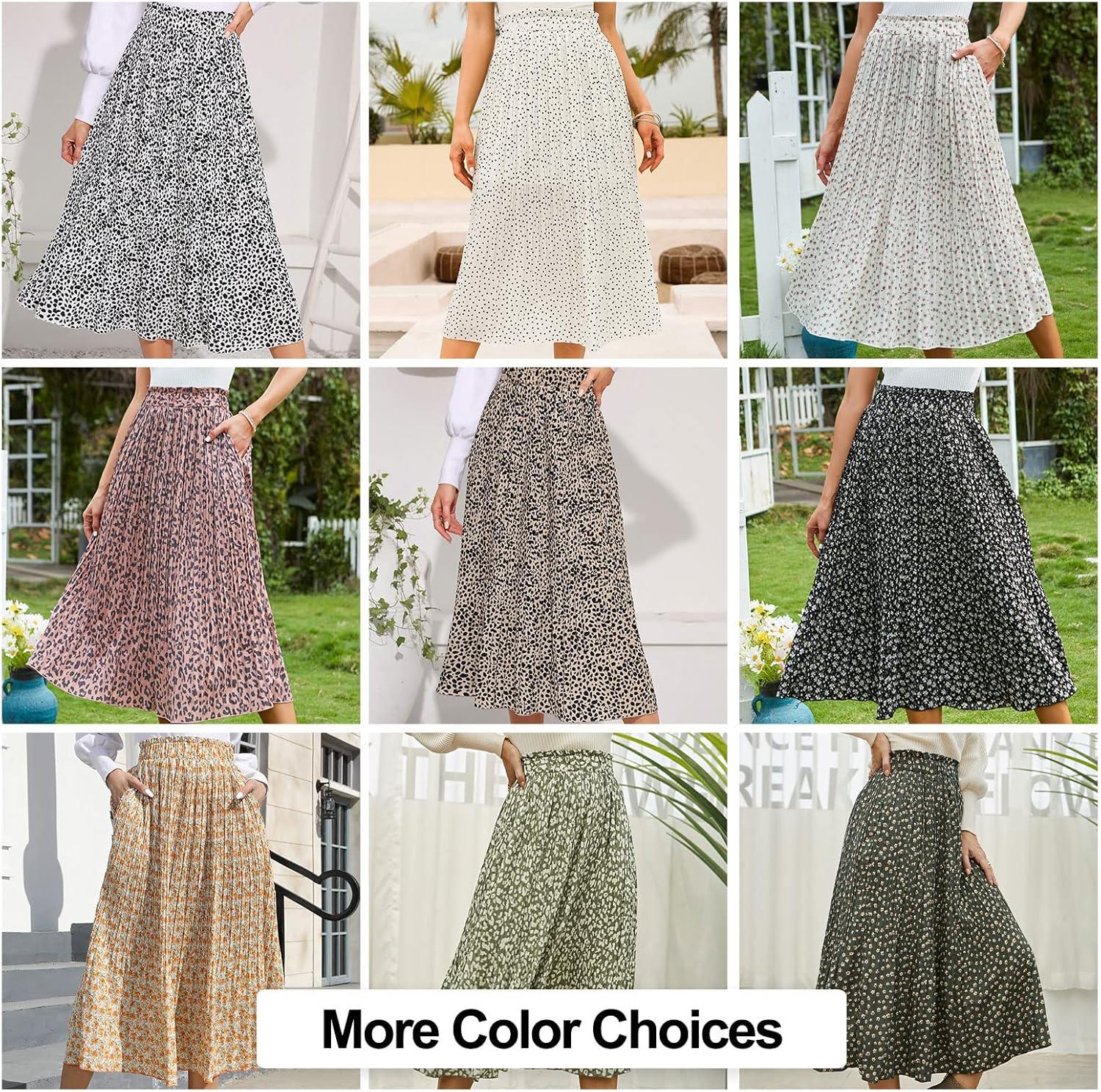 imageEXLURA Womens High Waist Polka Dot Pleated Maxi Skirt Midi Swing Skirt Beach Vacation Cruise Outfits with PocketsApricotleopard