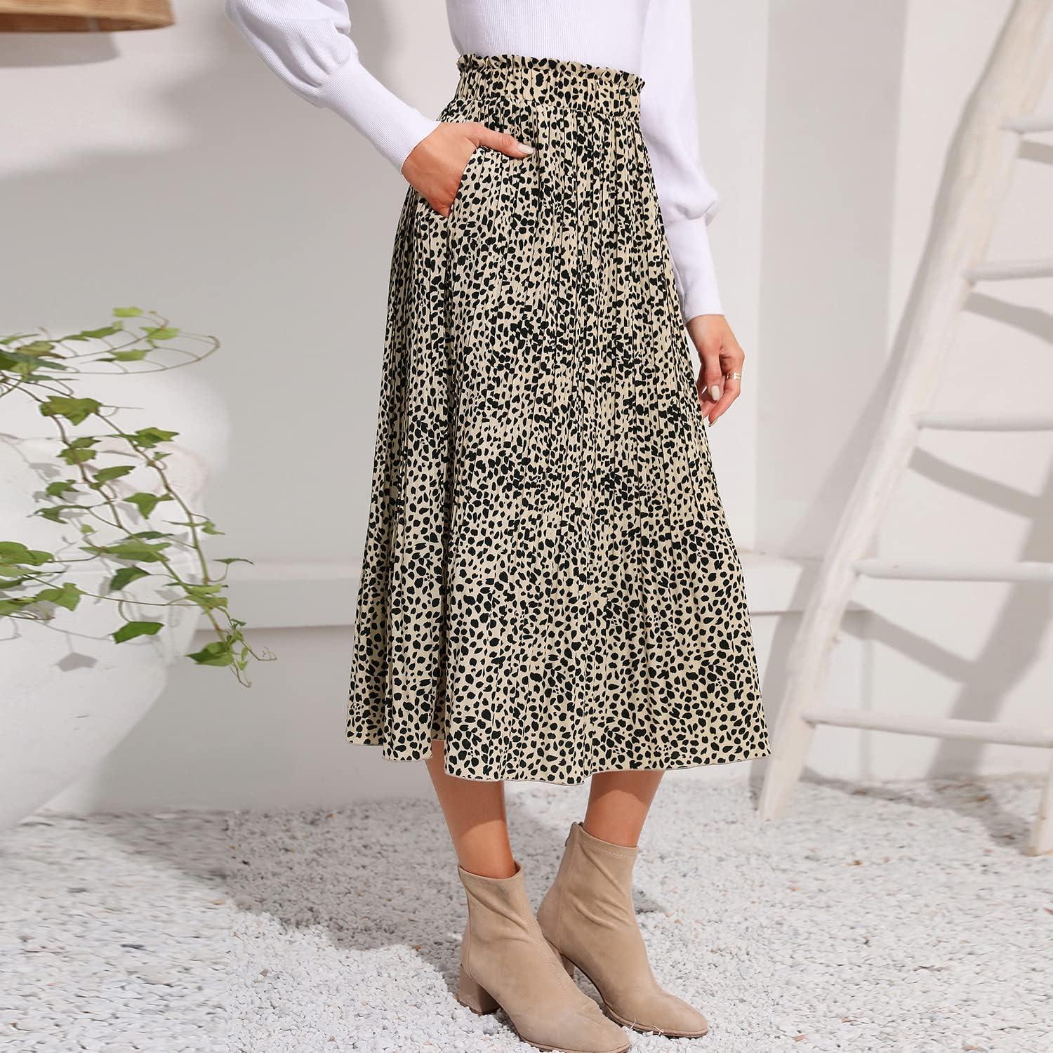 imageEXLURA Womens High Waist Polka Dot Pleated Maxi Skirt Midi Swing Skirt Beach Vacation Cruise Outfits with PocketsApricotleopard