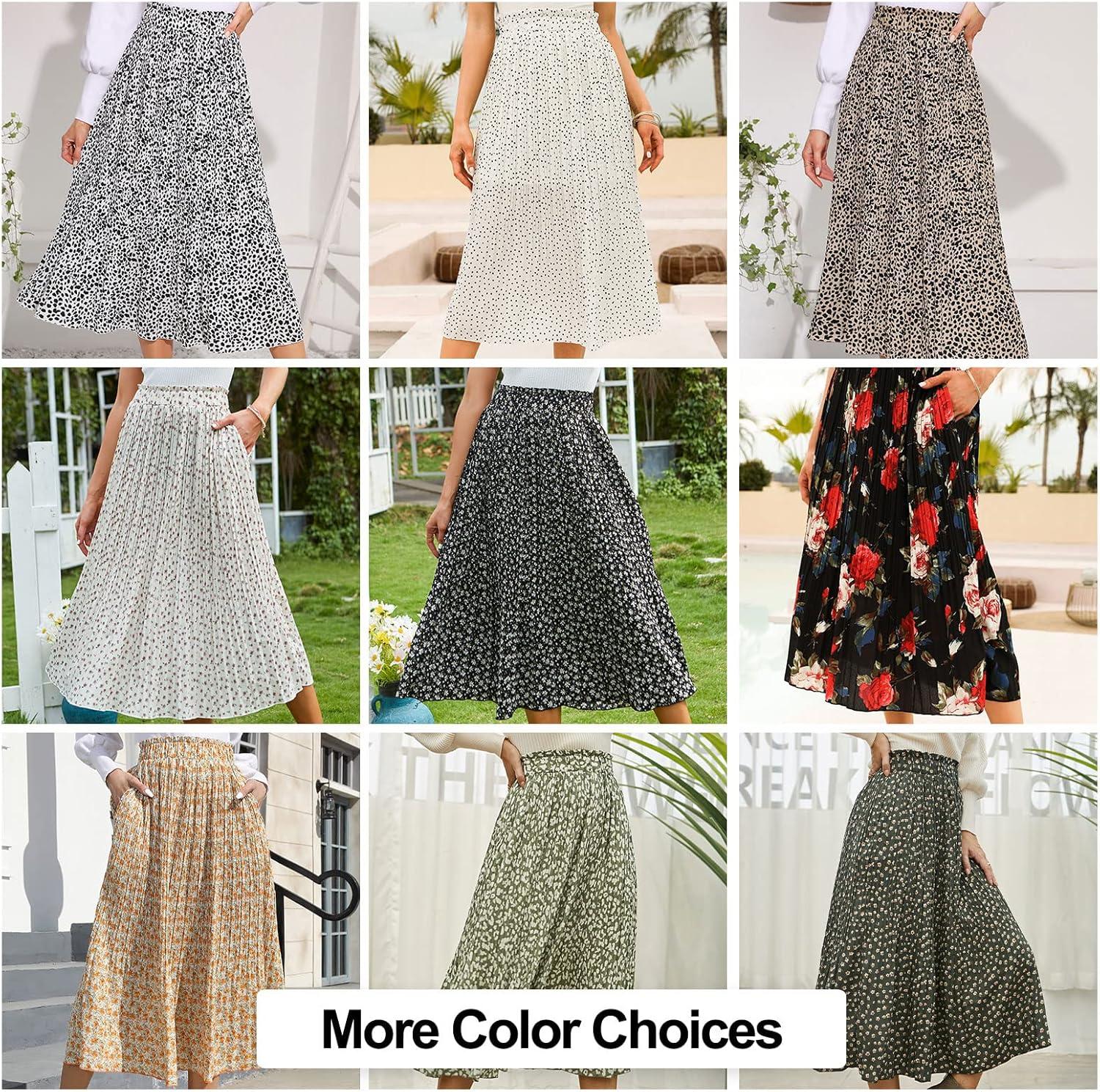 imageEXLURA Womens High Waist Polka Dot Pleated Maxi Skirt Midi Swing Skirt Beach Vacation Cruise Outfits with PocketsBlack Floral Daisy