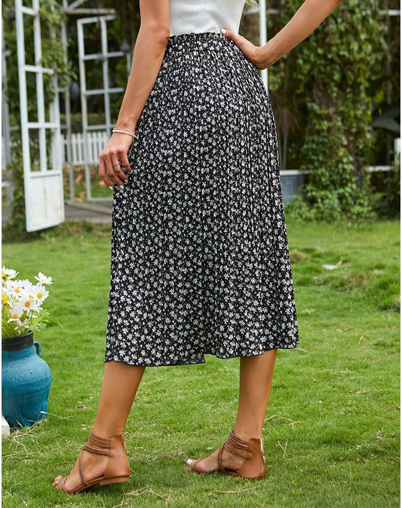 imageEXLURA Womens High Waist Polka Dot Pleated Maxi Skirt Midi Swing Skirt Beach Vacation Cruise Outfits with PocketsBlack Floral Daisy