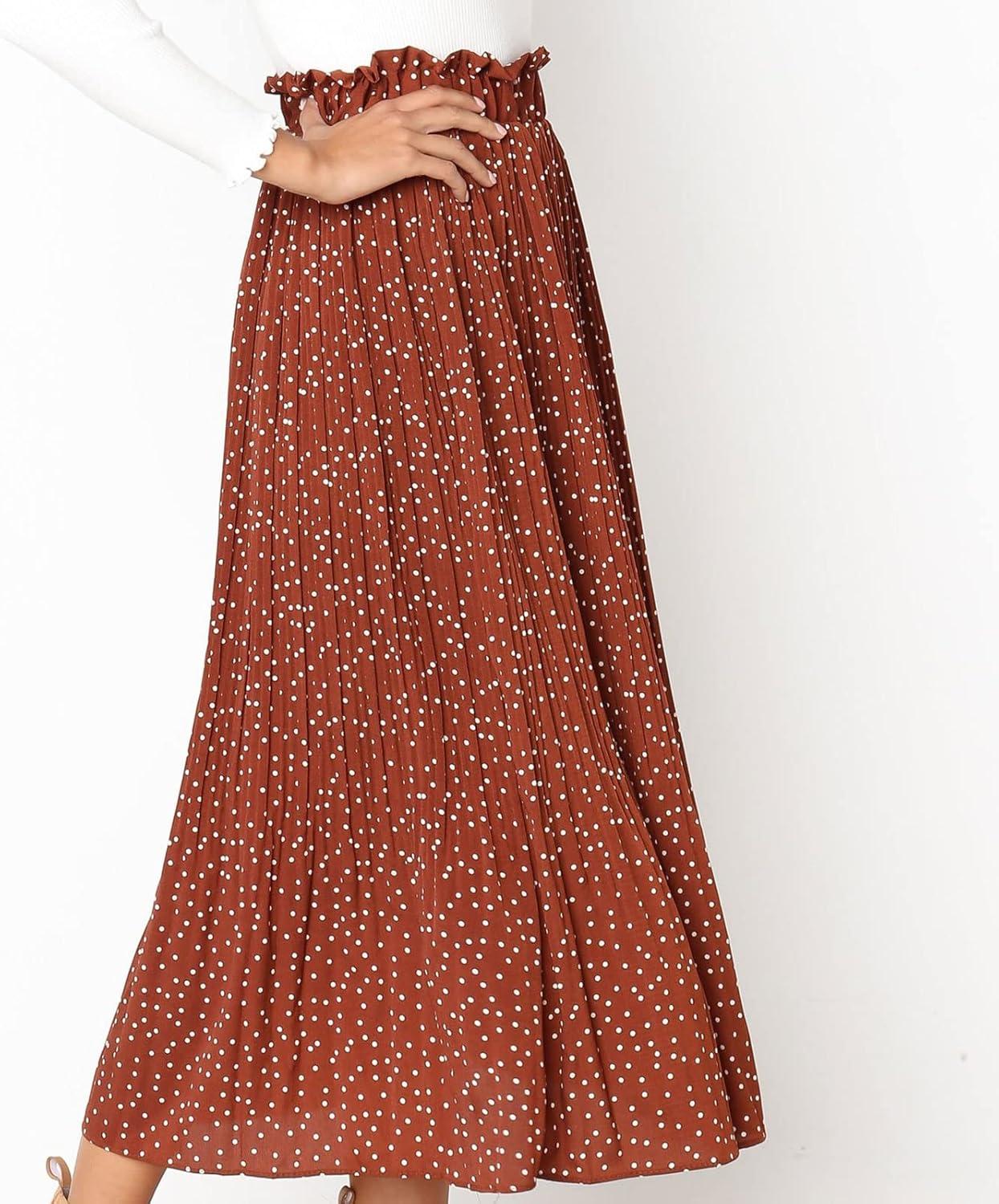 imageEXLURA Womens High Waist Polka Dot Pleated Maxi Skirt Midi Swing Skirt Beach Vacation Cruise Outfits with PocketsCoffee