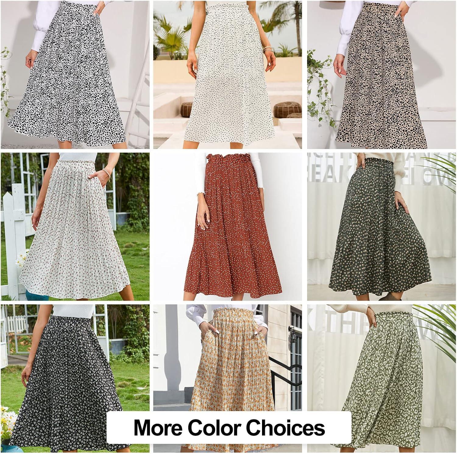 imageEXLURA Womens High Waist Polka Dot Pleated Maxi Skirt Midi Swing Skirt Beach Vacation Cruise Outfits with PocketsCoffee