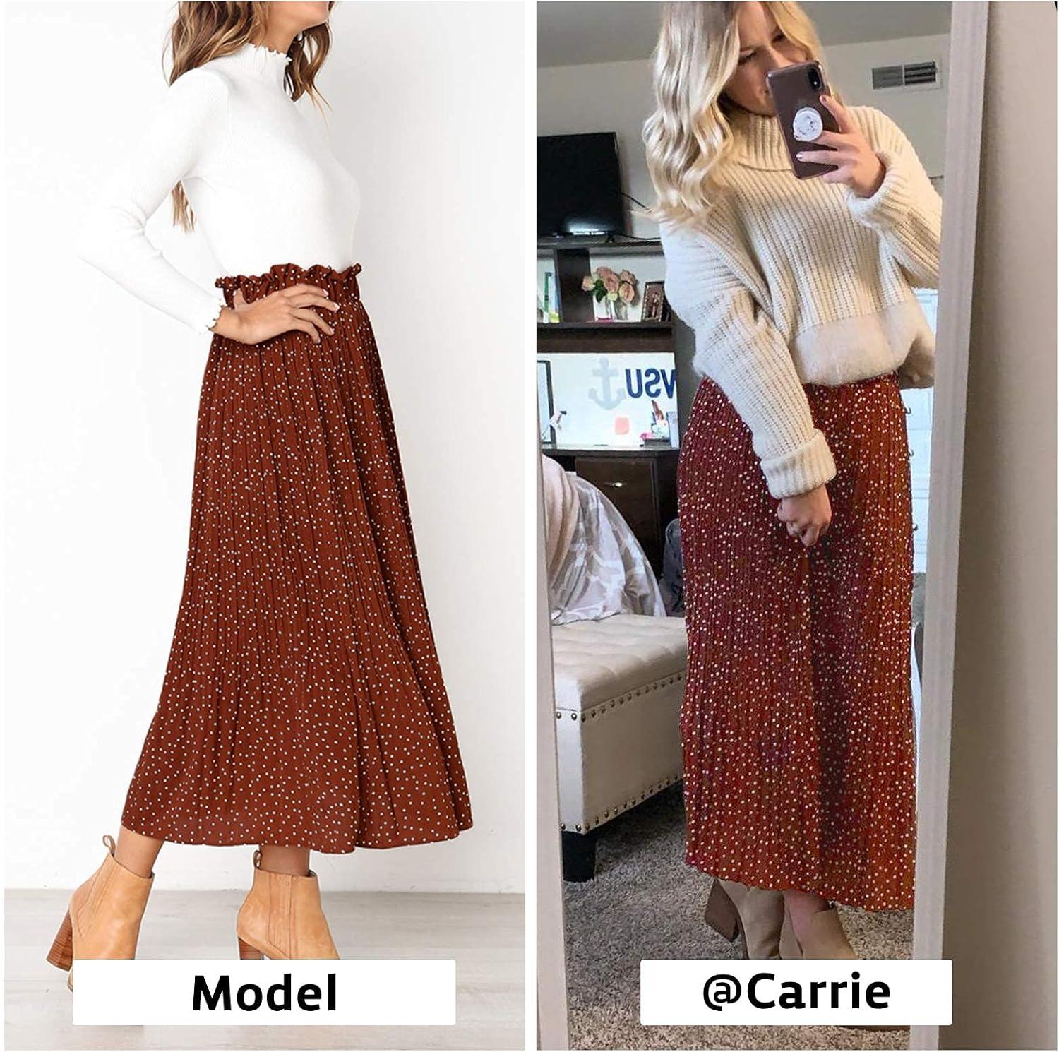imageEXLURA Womens High Waist Polka Dot Pleated Maxi Skirt Midi Swing Skirt Beach Vacation Cruise Outfits with PocketsCoffee