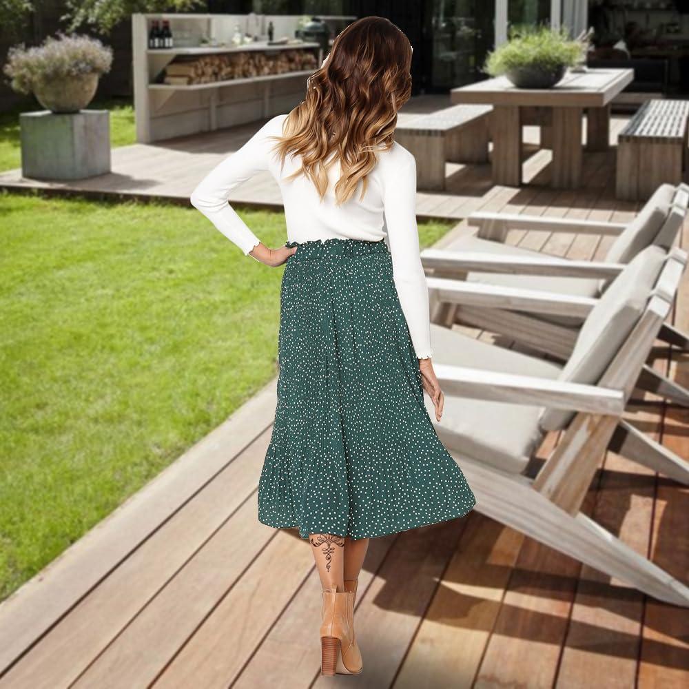 imageEXLURA Womens High Waist Polka Dot Pleated Maxi Skirt Midi Swing Skirt Beach Vacation Cruise Outfits with PocketsGreen