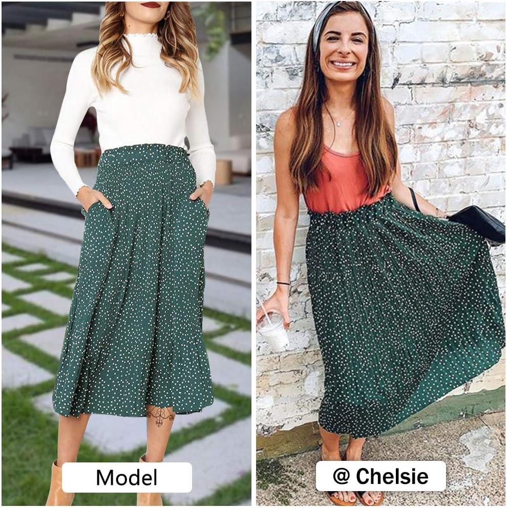 imageEXLURA Womens High Waist Polka Dot Pleated Maxi Skirt Midi Swing Skirt Beach Vacation Cruise Outfits with PocketsGreen