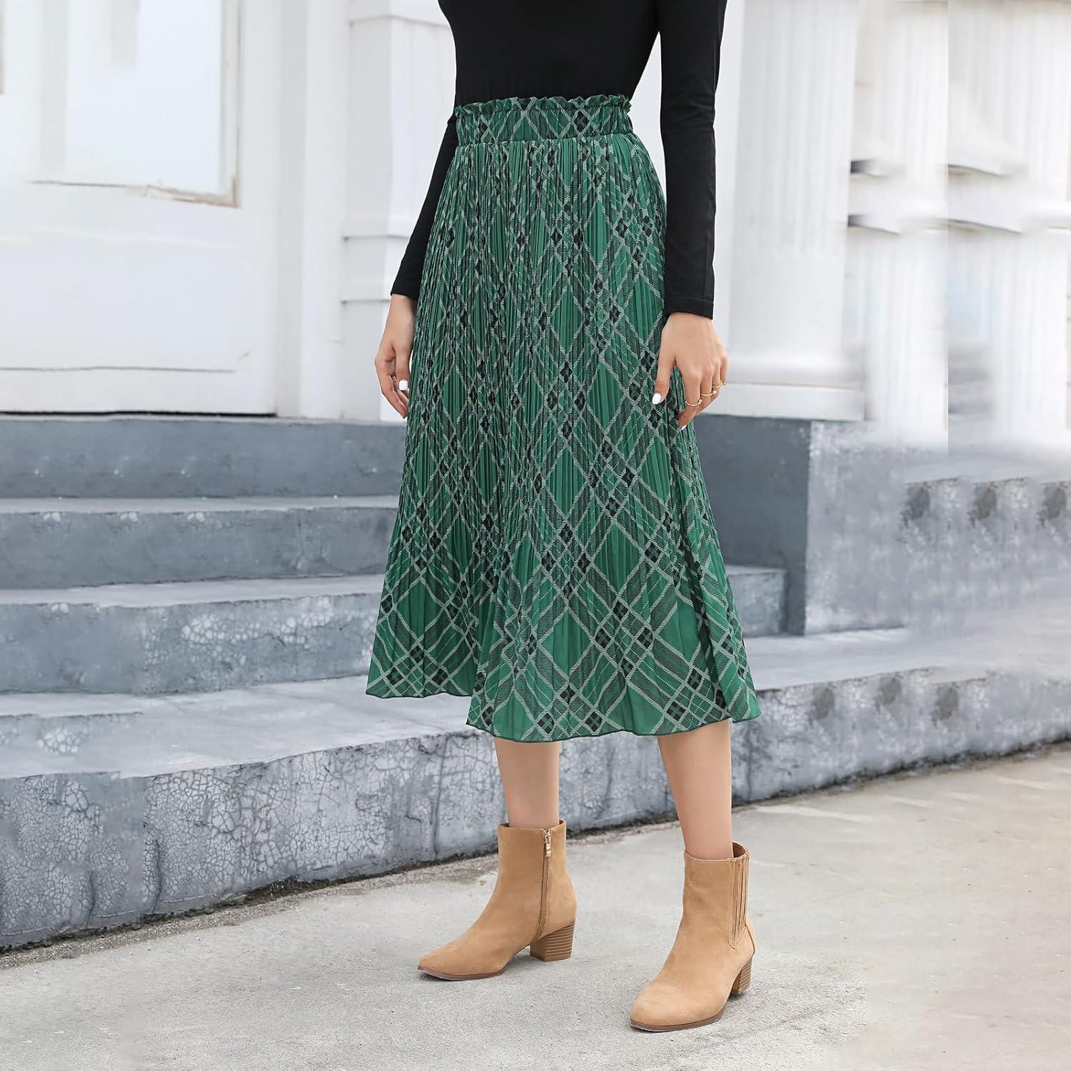 imageEXLURA Womens High Waist Polka Dot Pleated Maxi Skirt Midi Swing Skirt Beach Vacation Cruise Outfits with PocketsGreen Plaid