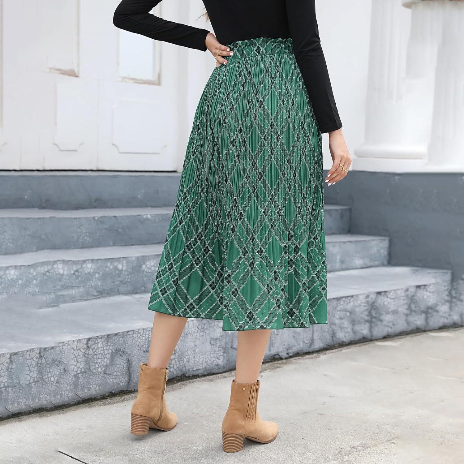 imageEXLURA Womens High Waist Polka Dot Pleated Maxi Skirt Midi Swing Skirt Beach Vacation Cruise Outfits with PocketsGreen Plaid