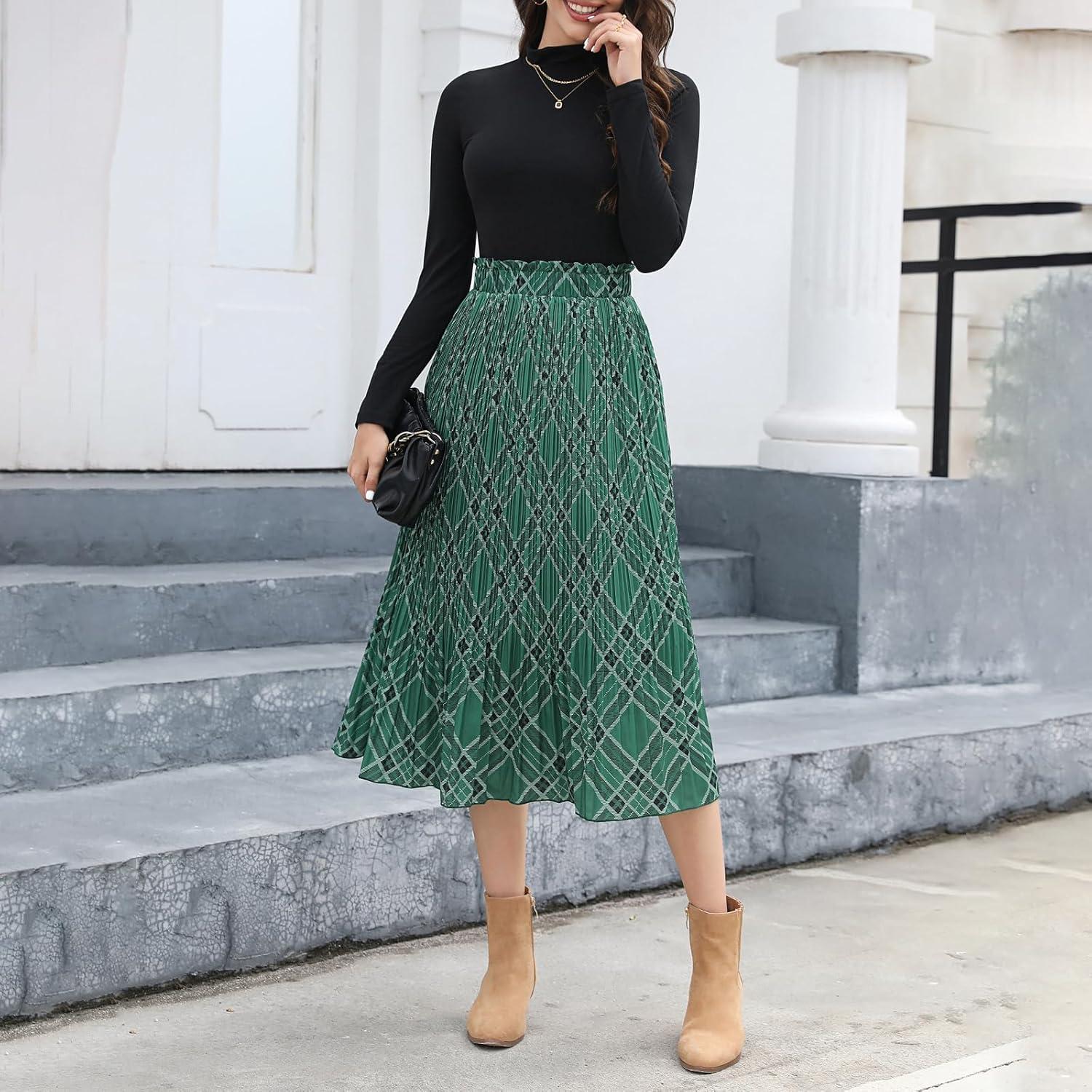 imageEXLURA Womens High Waist Polka Dot Pleated Maxi Skirt Midi Swing Skirt Beach Vacation Cruise Outfits with PocketsGreen Plaid