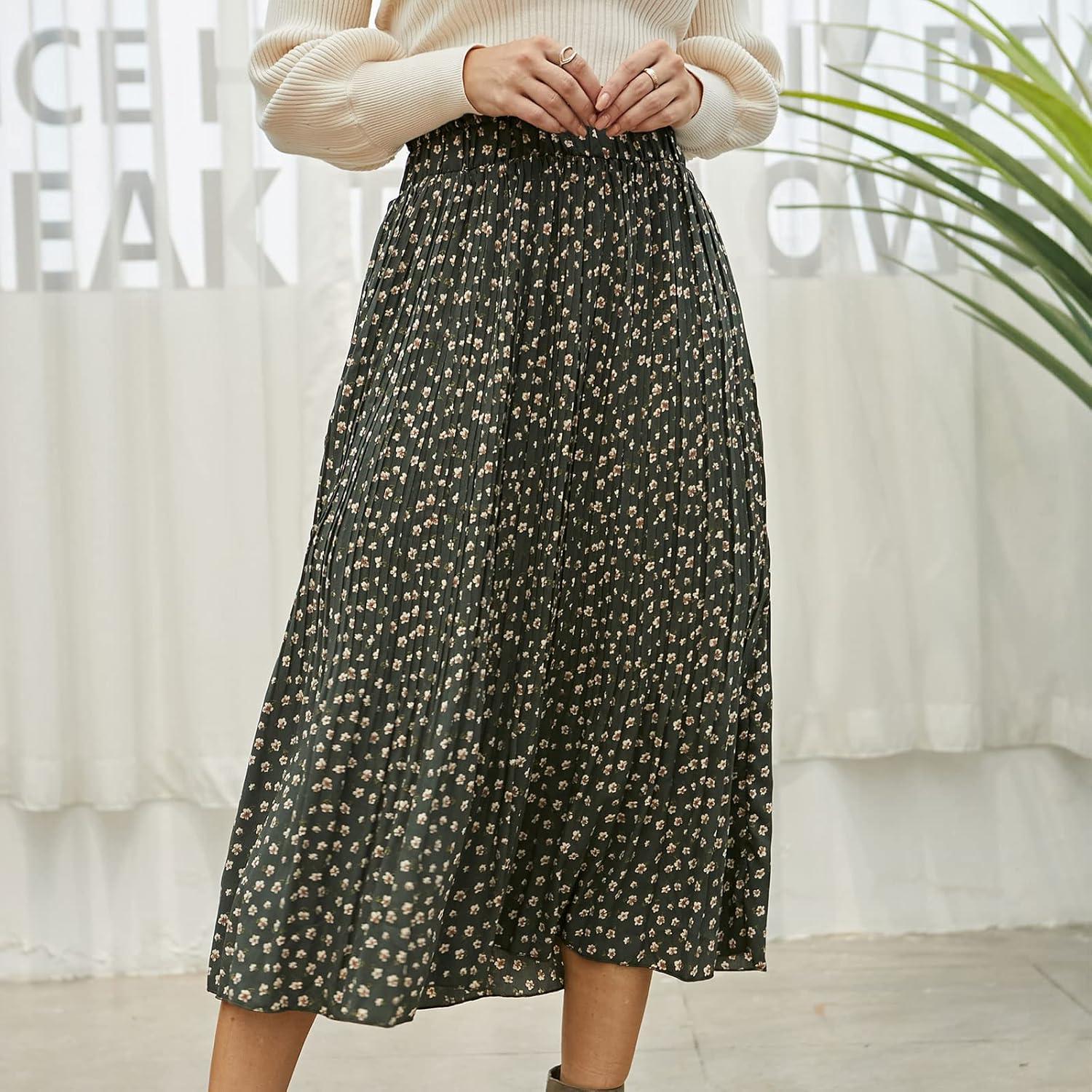 imageEXLURA Womens High Waist Polka Dot Pleated Maxi Skirt Midi Swing Skirt Beach Vacation Cruise Outfits with PocketsGreenfloral Print