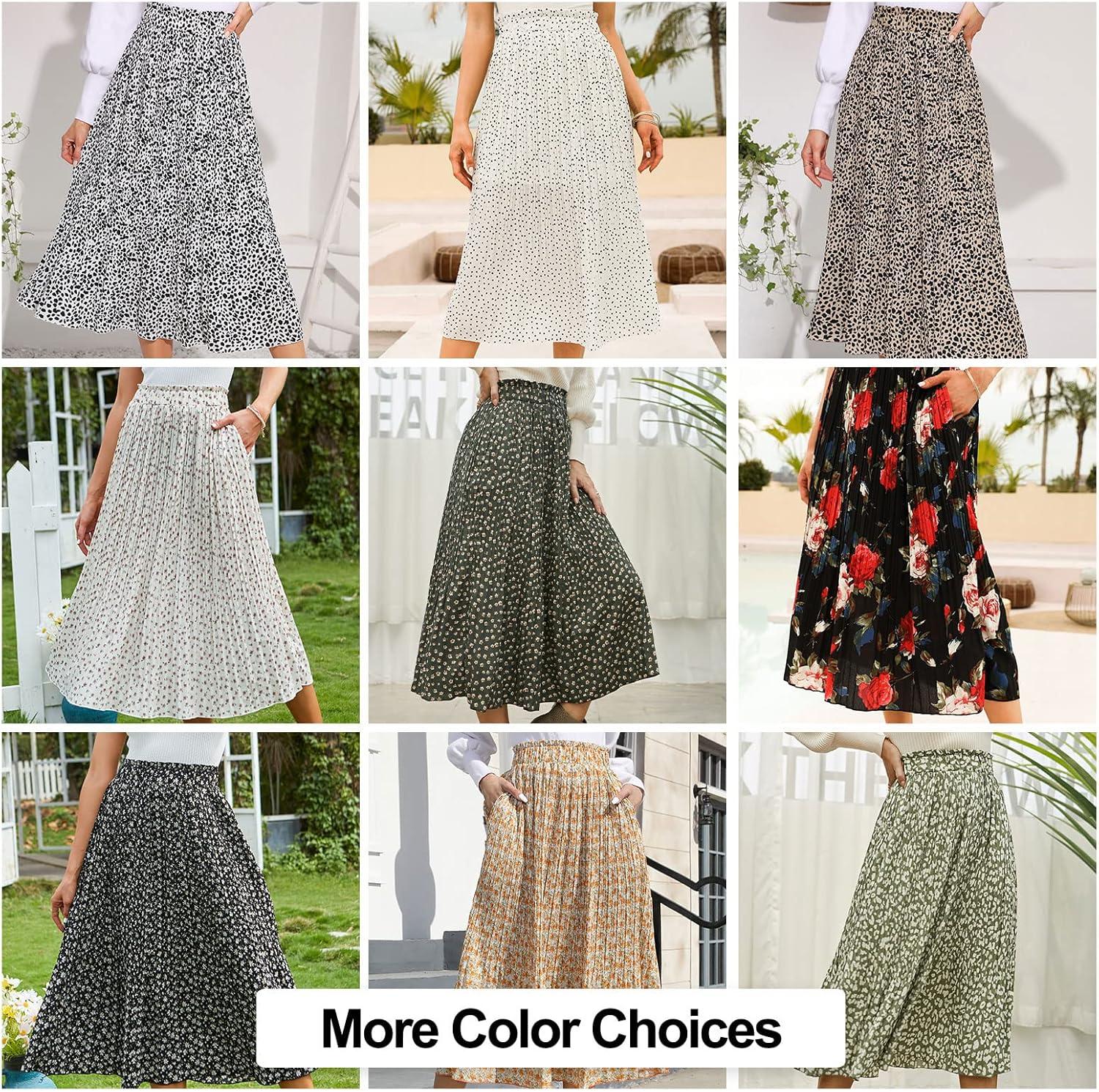 imageEXLURA Womens High Waist Polka Dot Pleated Maxi Skirt Midi Swing Skirt Beach Vacation Cruise Outfits with PocketsGreenfloral Print
