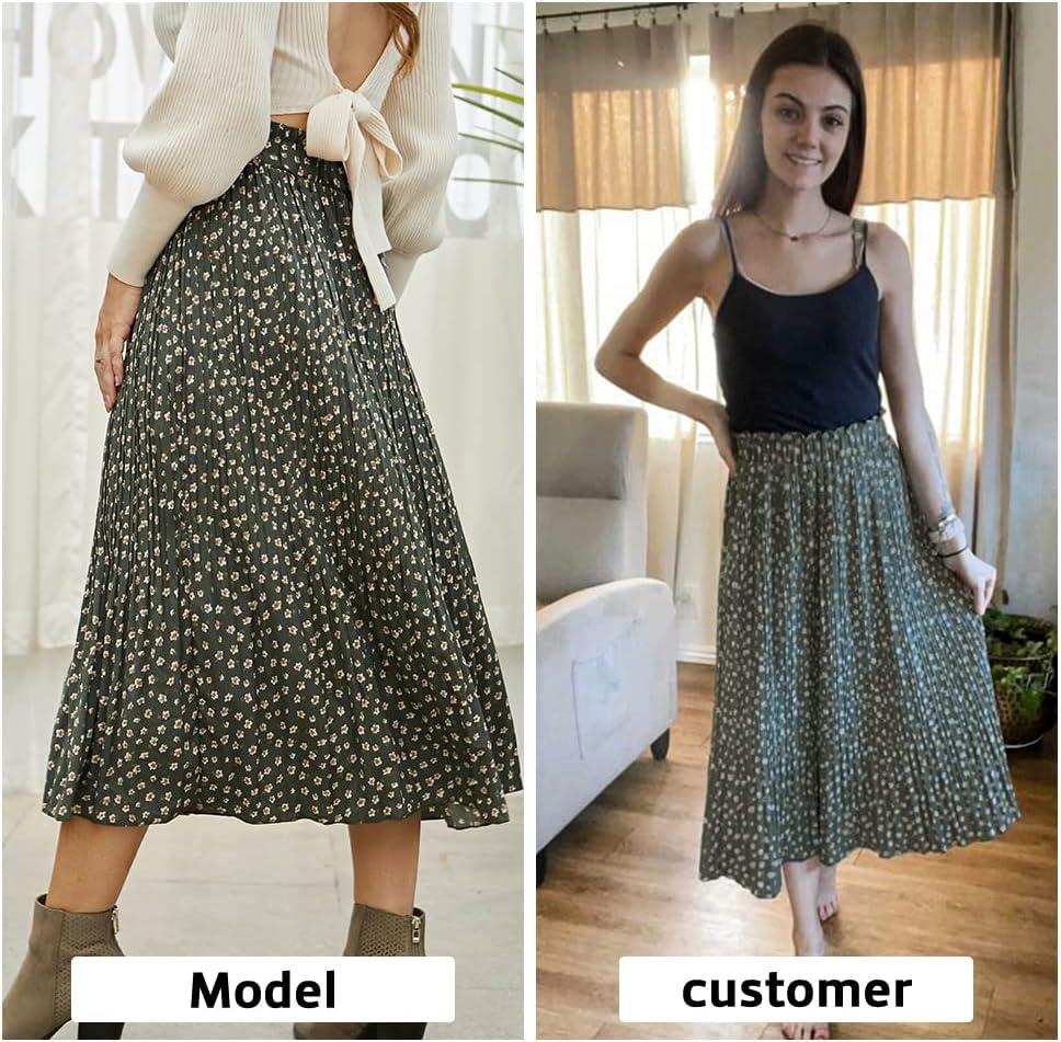 imageEXLURA Womens High Waist Polka Dot Pleated Maxi Skirt Midi Swing Skirt Beach Vacation Cruise Outfits with PocketsGreenfloral Print