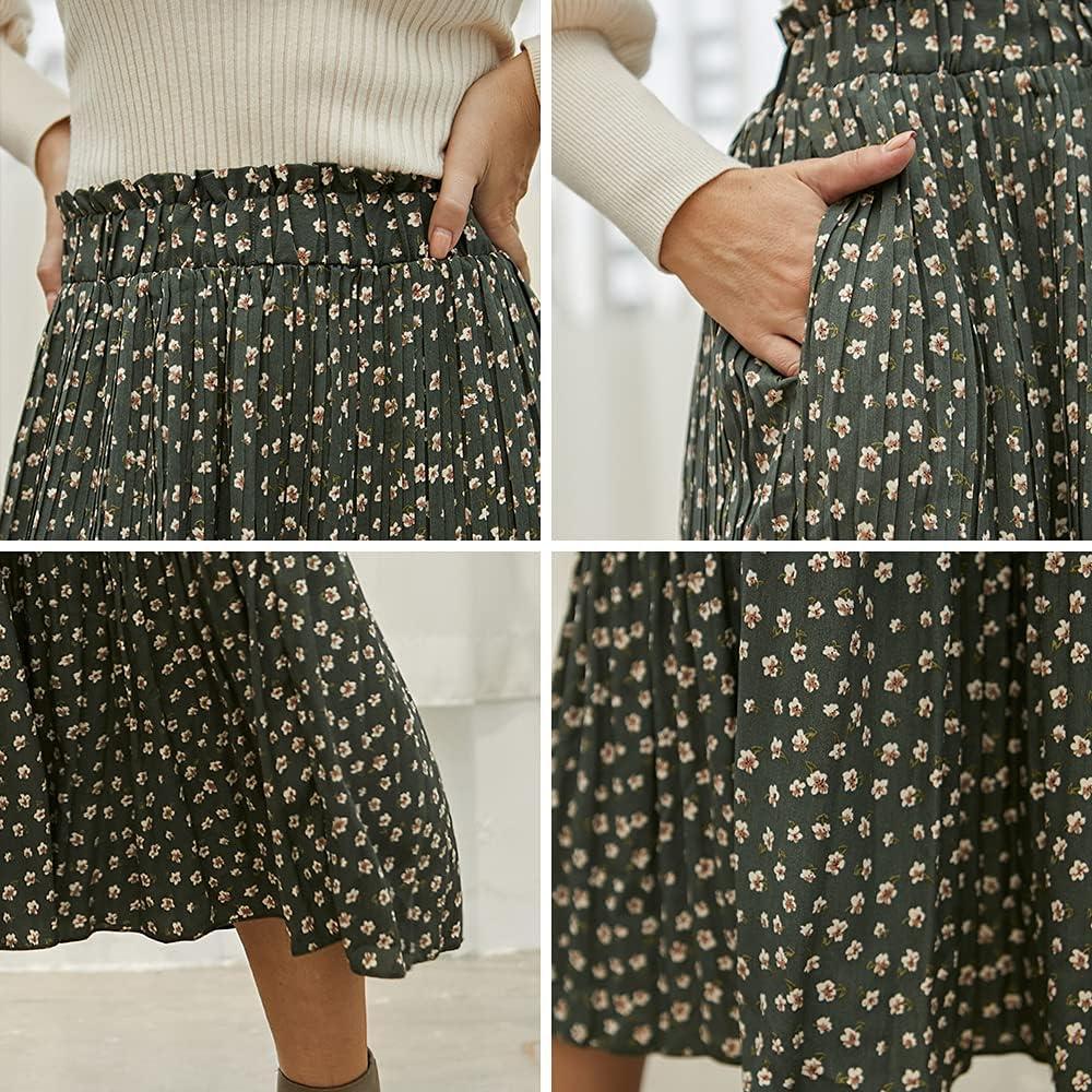imageEXLURA Womens High Waist Polka Dot Pleated Maxi Skirt Midi Swing Skirt Beach Vacation Cruise Outfits with PocketsGreenfloral Print