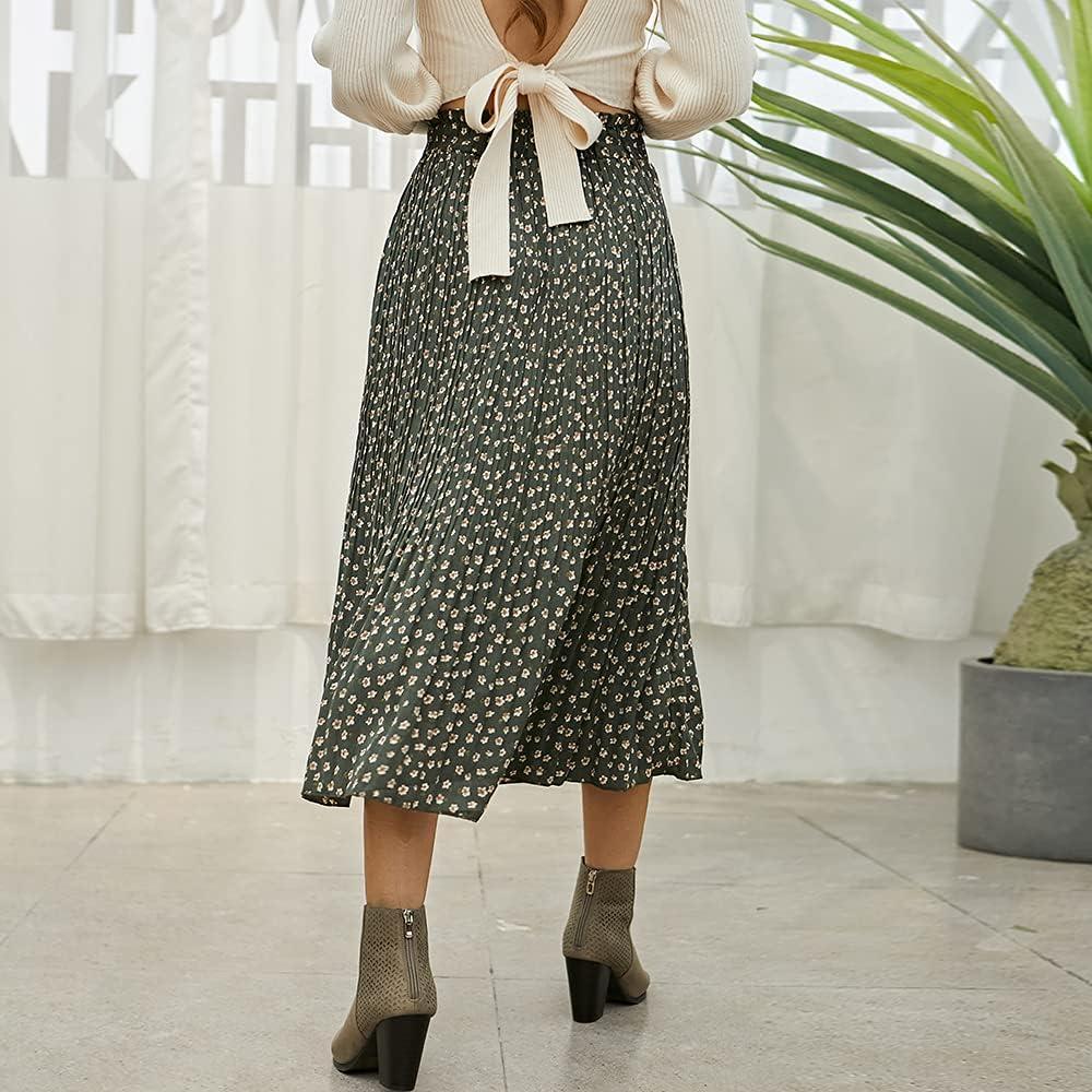 imageEXLURA Womens High Waist Polka Dot Pleated Maxi Skirt Midi Swing Skirt Beach Vacation Cruise Outfits with PocketsGreenfloral Print
