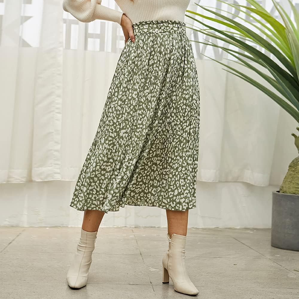 imageEXLURA Womens High Waist Polka Dot Pleated Maxi Skirt Midi Swing Skirt Beach Vacation Cruise Outfits with PocketsGreenleopard