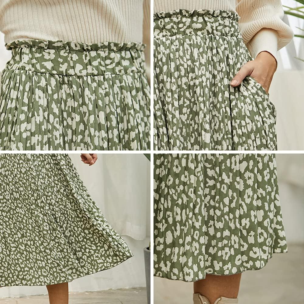 imageEXLURA Womens High Waist Polka Dot Pleated Maxi Skirt Midi Swing Skirt Beach Vacation Cruise Outfits with PocketsGreenleopard