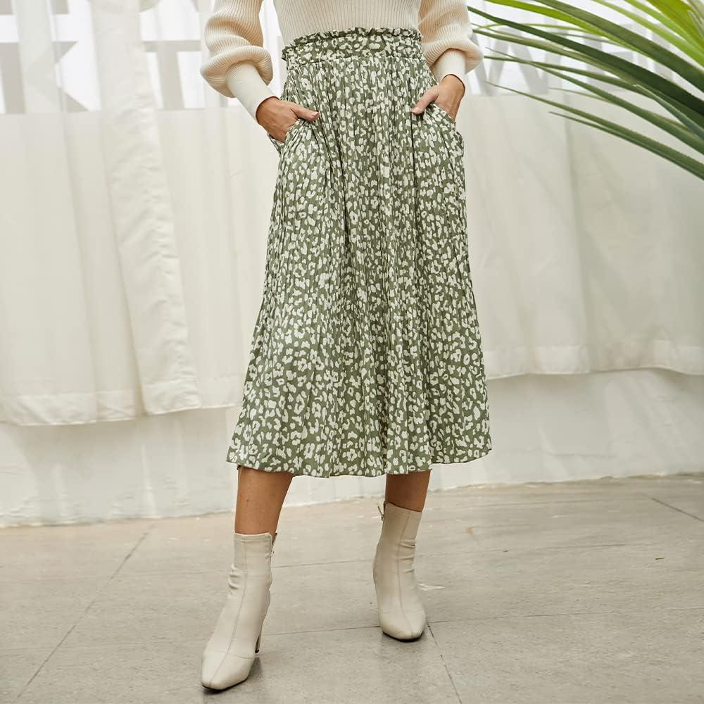 imageEXLURA Womens High Waist Polka Dot Pleated Maxi Skirt Midi Swing Skirt Beach Vacation Cruise Outfits with PocketsGreenleopard