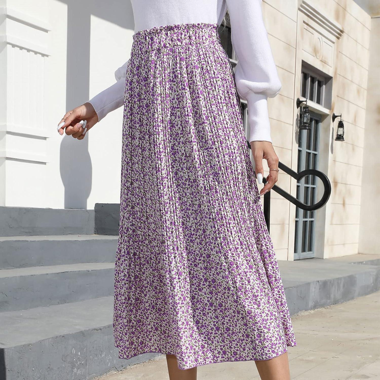 imageEXLURA Womens High Waist Polka Dot Pleated Maxi Skirt Midi Swing Skirt Beach Vacation Cruise Outfits with PocketsPurple Floral