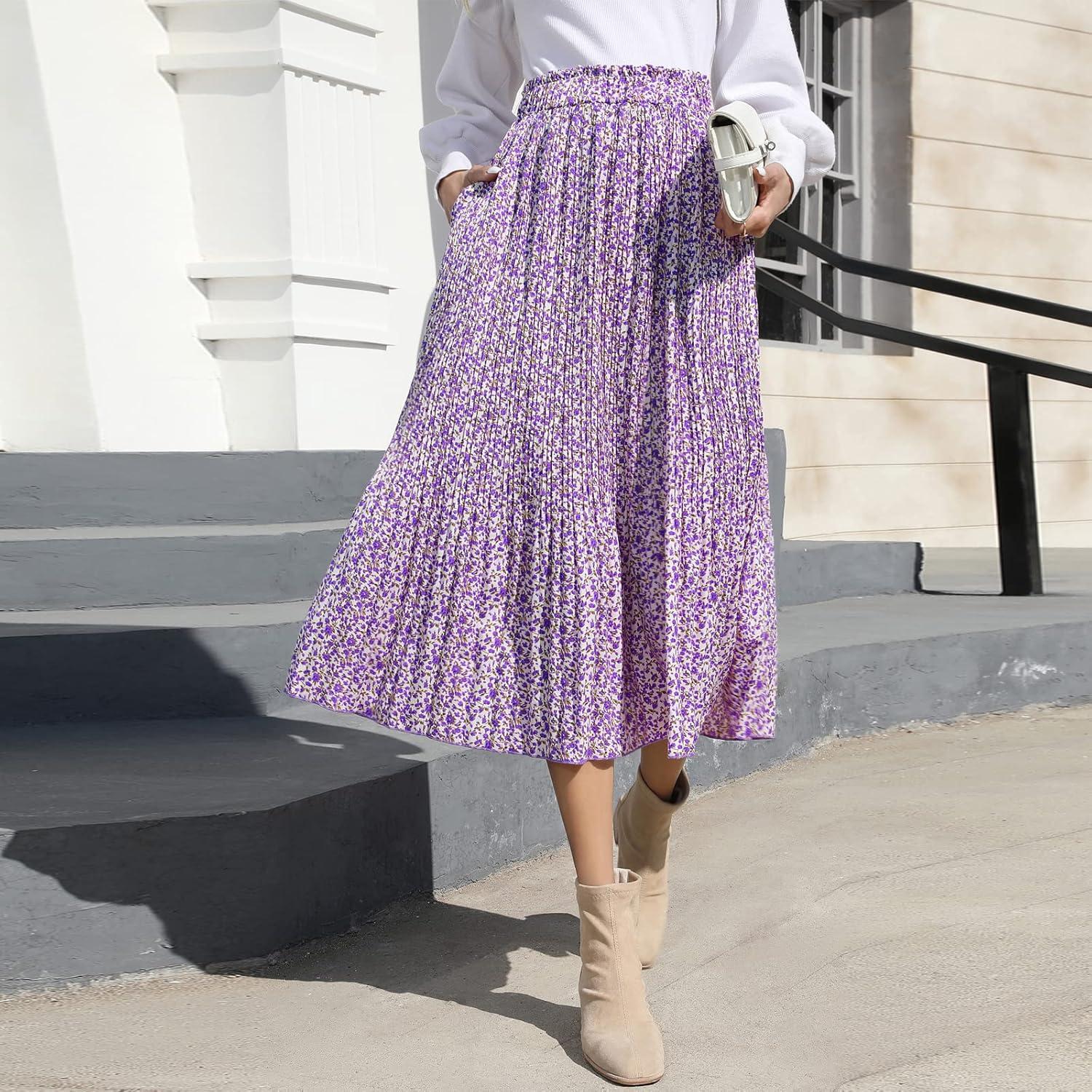 imageEXLURA Womens High Waist Polka Dot Pleated Maxi Skirt Midi Swing Skirt Beach Vacation Cruise Outfits with PocketsPurple Floral