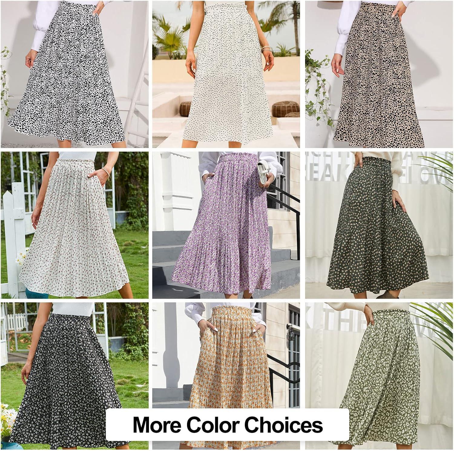 imageEXLURA Womens High Waist Polka Dot Pleated Maxi Skirt Midi Swing Skirt Beach Vacation Cruise Outfits with PocketsPurple Floral