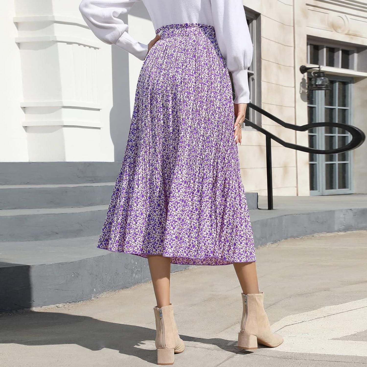 imageEXLURA Womens High Waist Polka Dot Pleated Maxi Skirt Midi Swing Skirt Beach Vacation Cruise Outfits with PocketsPurple Floral