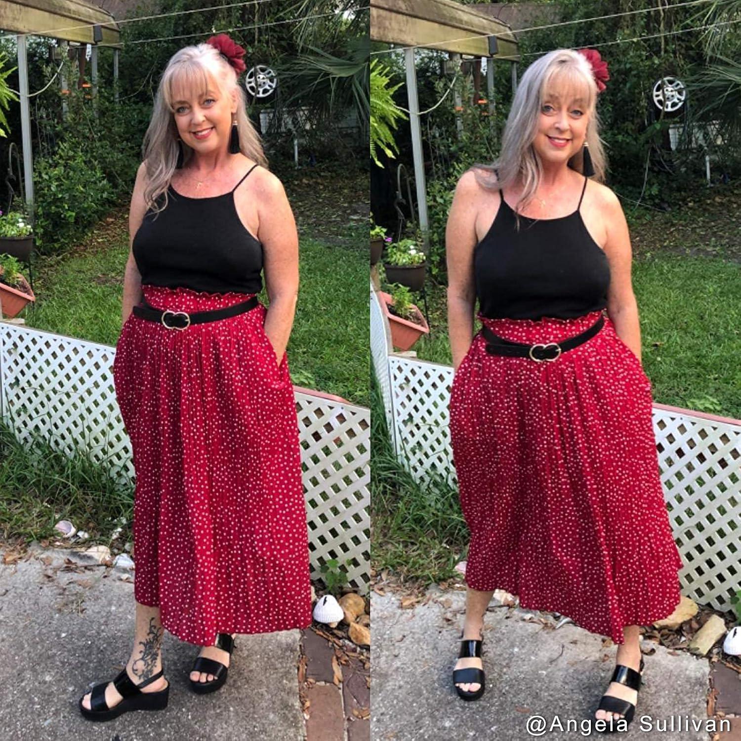 imageEXLURA Womens High Waist Polka Dot Pleated Maxi Skirt Midi Swing Skirt Beach Vacation Cruise Outfits with PocketsRed