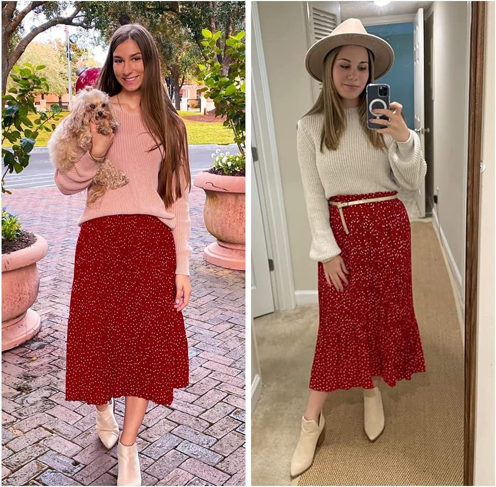 imageEXLURA Womens High Waist Polka Dot Pleated Maxi Skirt Midi Swing Skirt Beach Vacation Cruise Outfits with PocketsRed