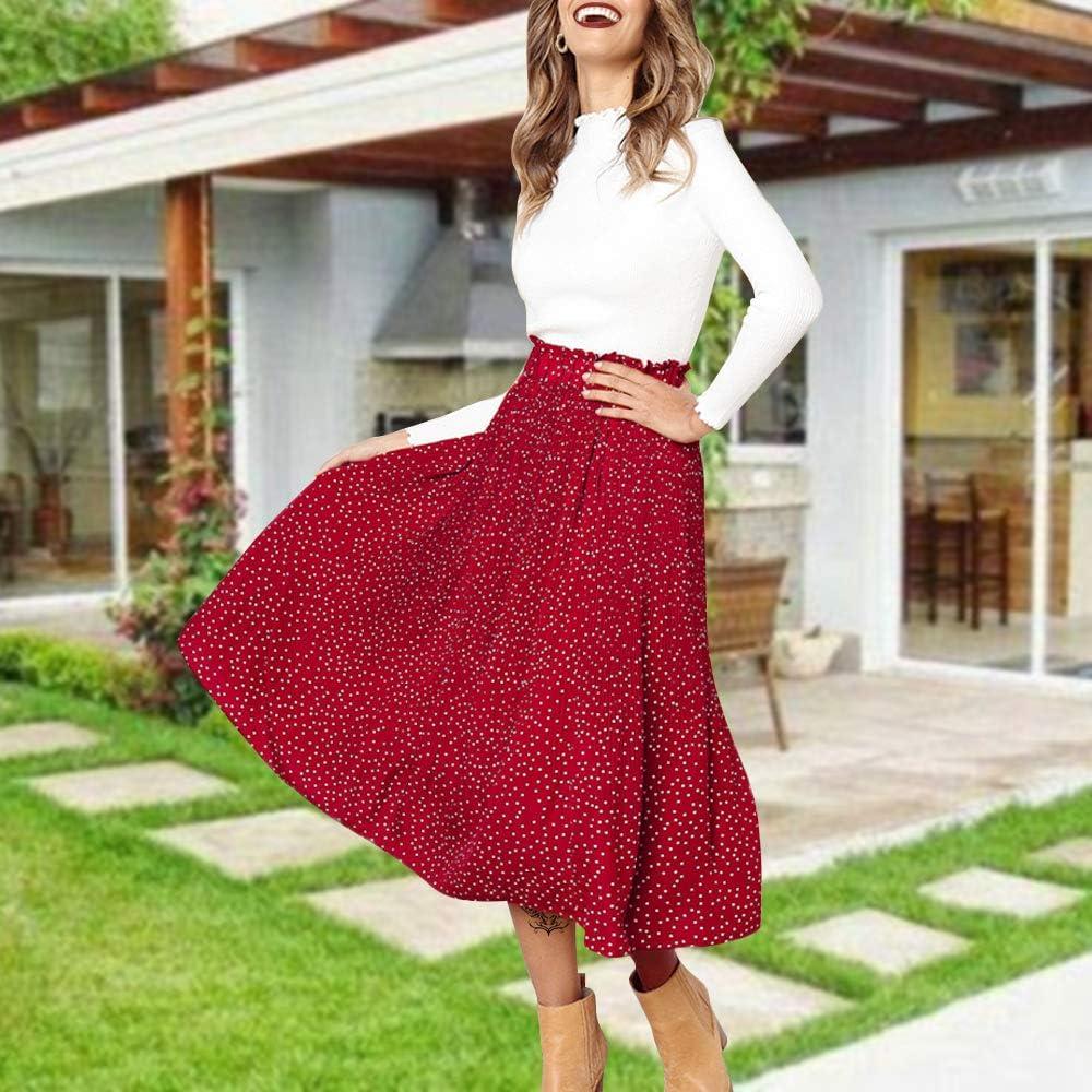 imageEXLURA Womens High Waist Polka Dot Pleated Maxi Skirt Midi Swing Skirt Beach Vacation Cruise Outfits with PocketsRed