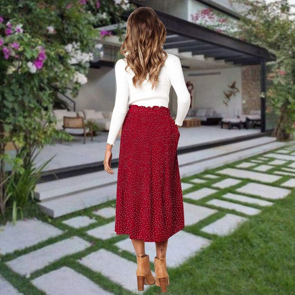 imageEXLURA Womens High Waist Polka Dot Pleated Maxi Skirt Midi Swing Skirt Beach Vacation Cruise Outfits with PocketsRed