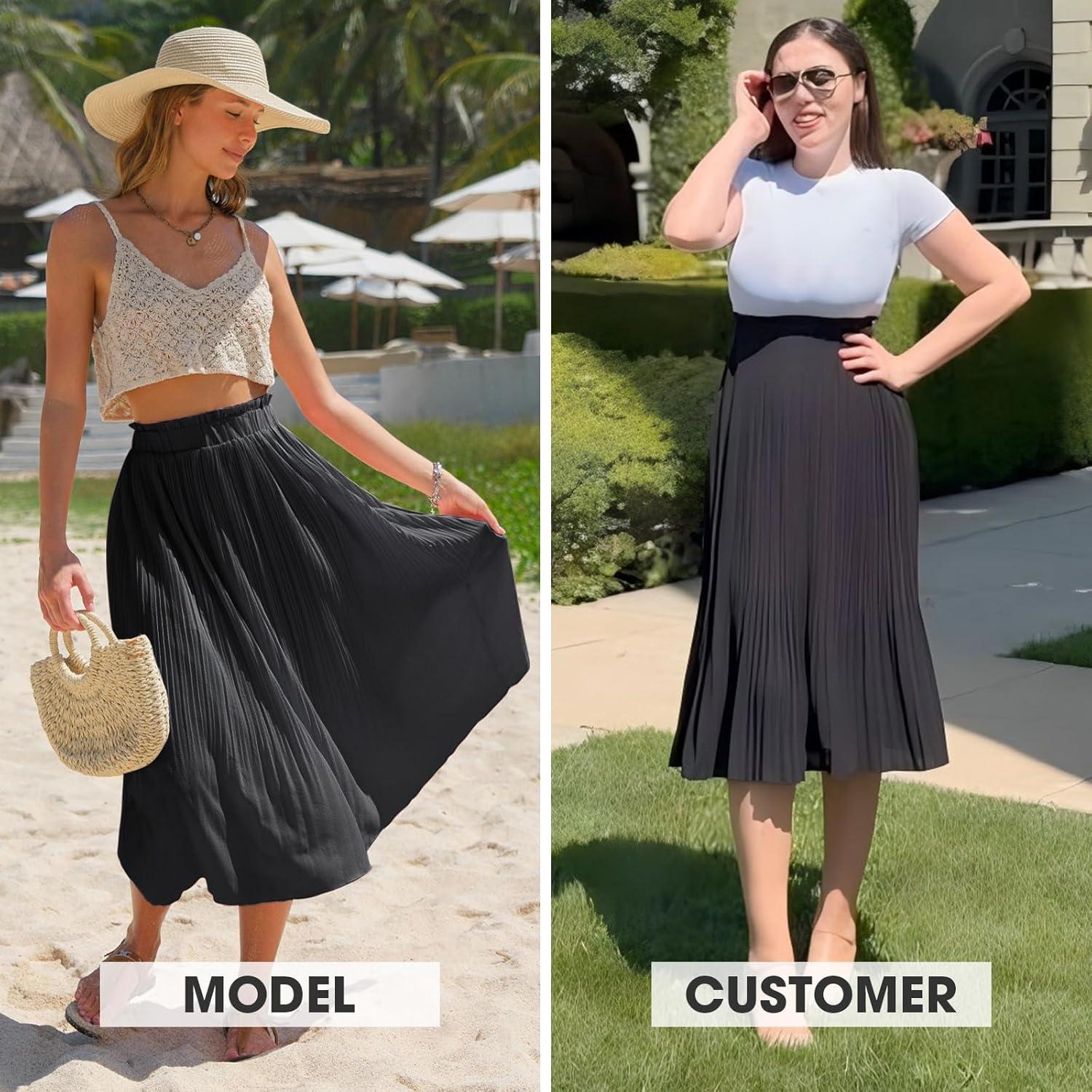imageEXLURA Womens High Waist Polka Dot Pleated Maxi Skirt Midi Swing Skirt Beach Vacation Cruise Outfits with PocketsSolid Black