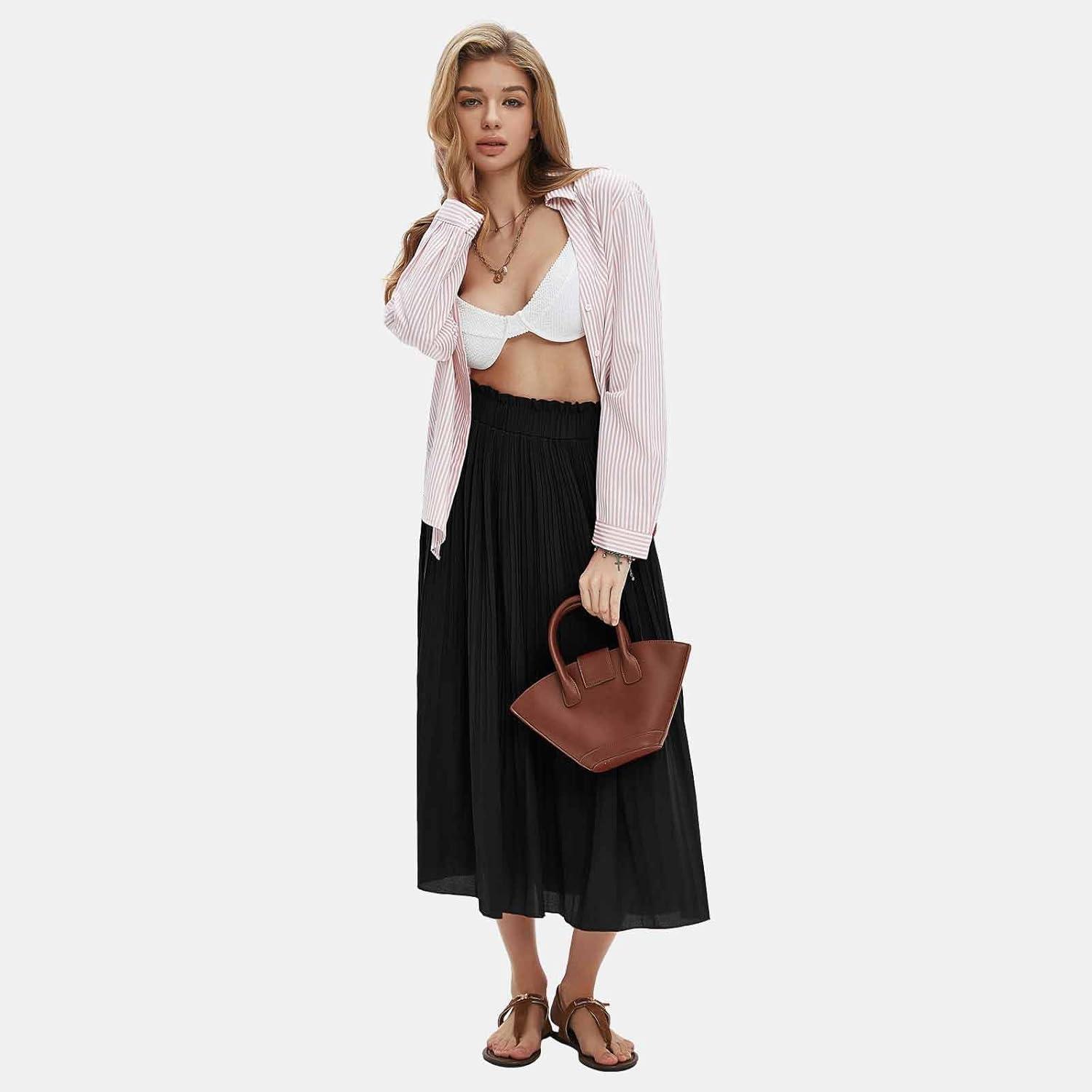 imageEXLURA Womens High Waist Polka Dot Pleated Maxi Skirt Midi Swing Skirt Beach Vacation Cruise Outfits with PocketsSolid Black
