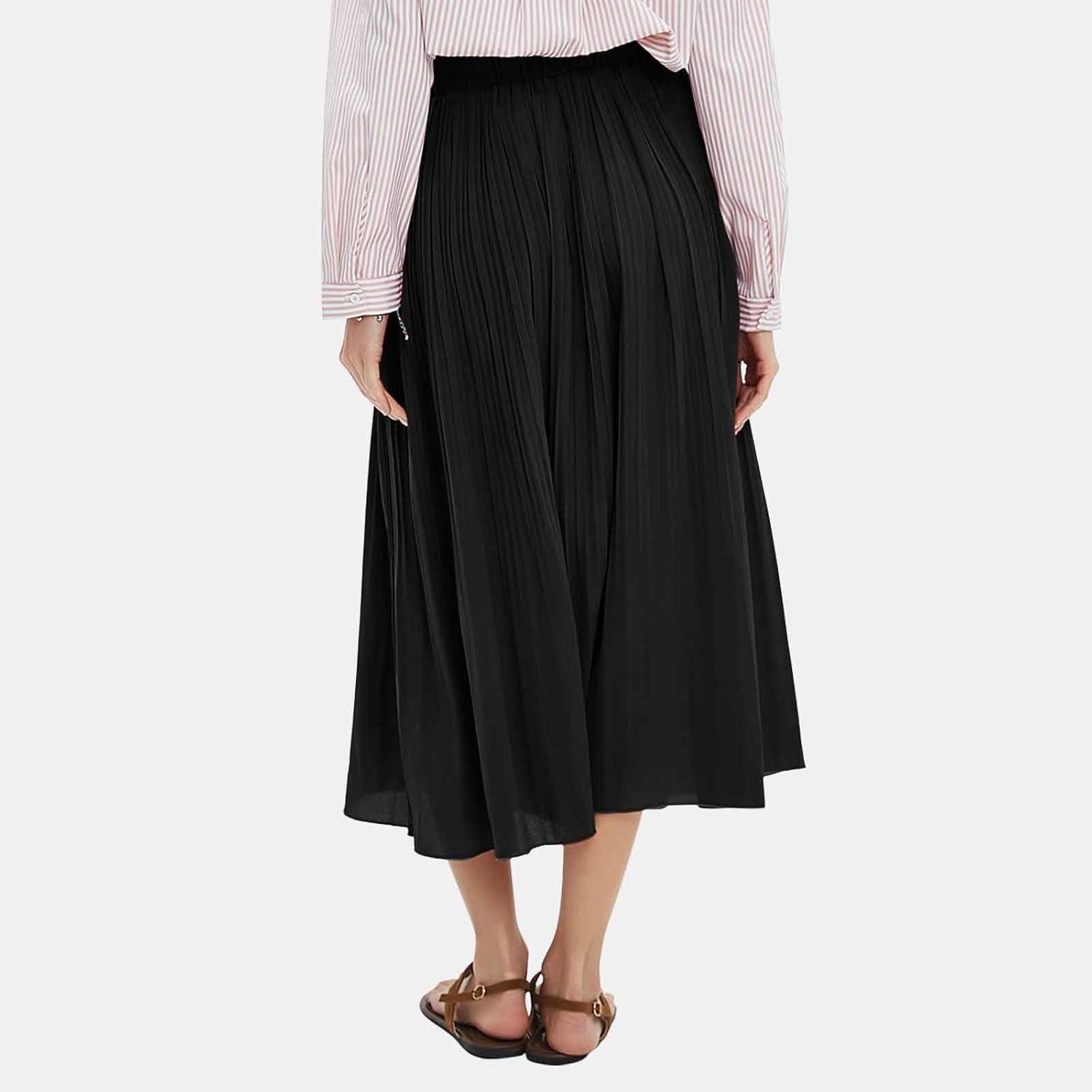 imageEXLURA Womens High Waist Polka Dot Pleated Maxi Skirt Midi Swing Skirt Beach Vacation Cruise Outfits with PocketsSolid Black