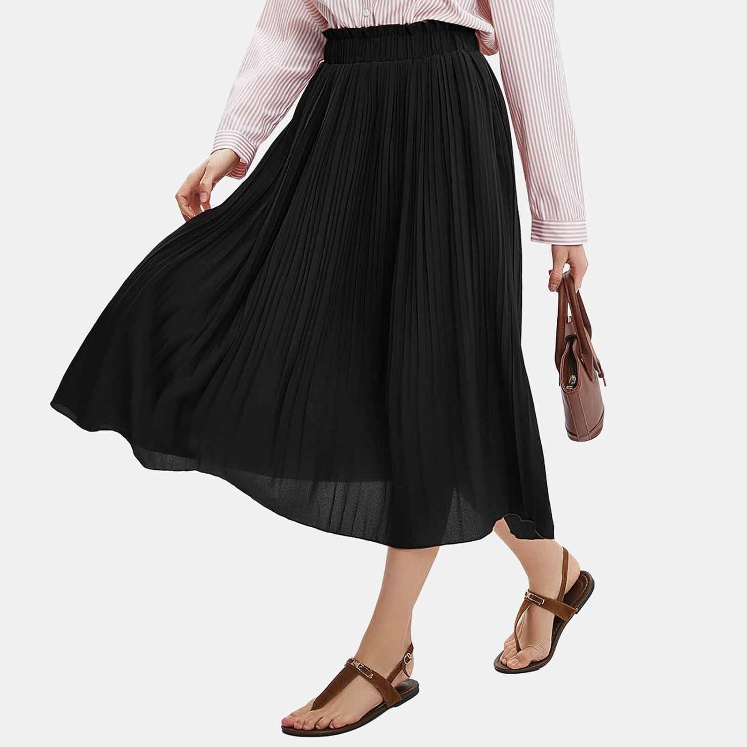 imageEXLURA Womens High Waist Polka Dot Pleated Maxi Skirt Midi Swing Skirt Beach Vacation Cruise Outfits with PocketsSolid Black