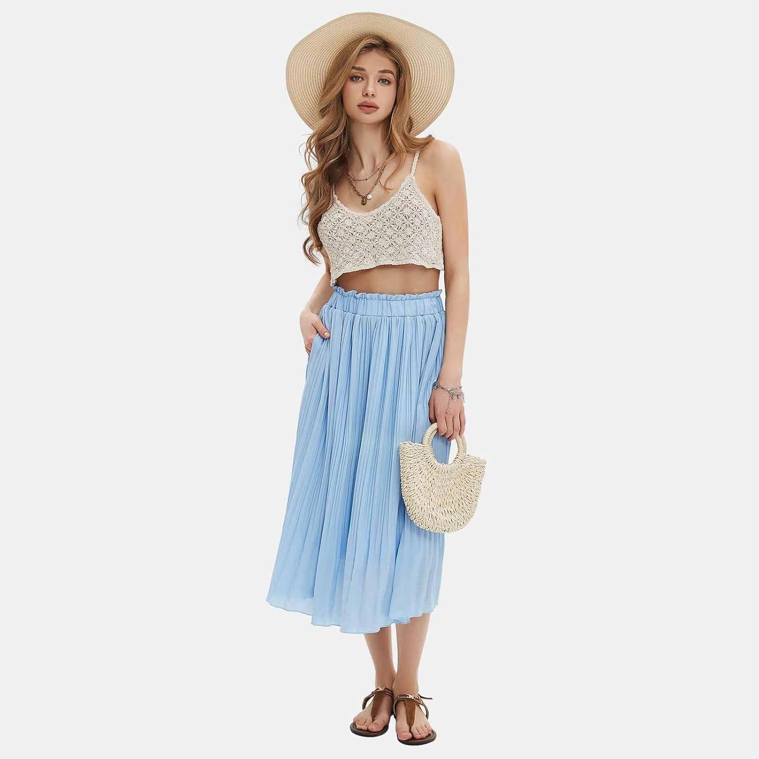 imageEXLURA Womens High Waist Polka Dot Pleated Maxi Skirt Midi Swing Skirt Beach Vacation Cruise Outfits with PocketsSolid Blue