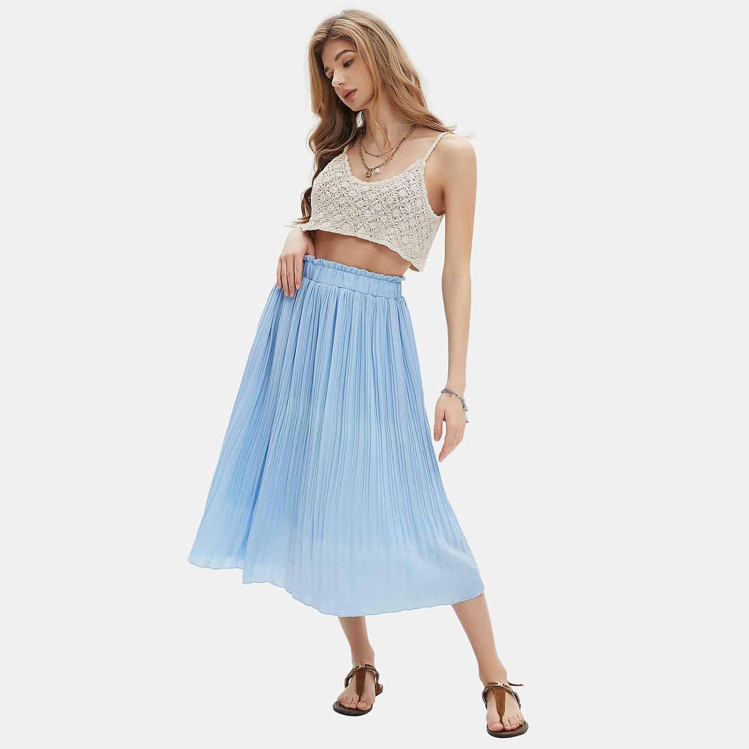imageEXLURA Womens High Waist Polka Dot Pleated Maxi Skirt Midi Swing Skirt Beach Vacation Cruise Outfits with PocketsSolid Blue