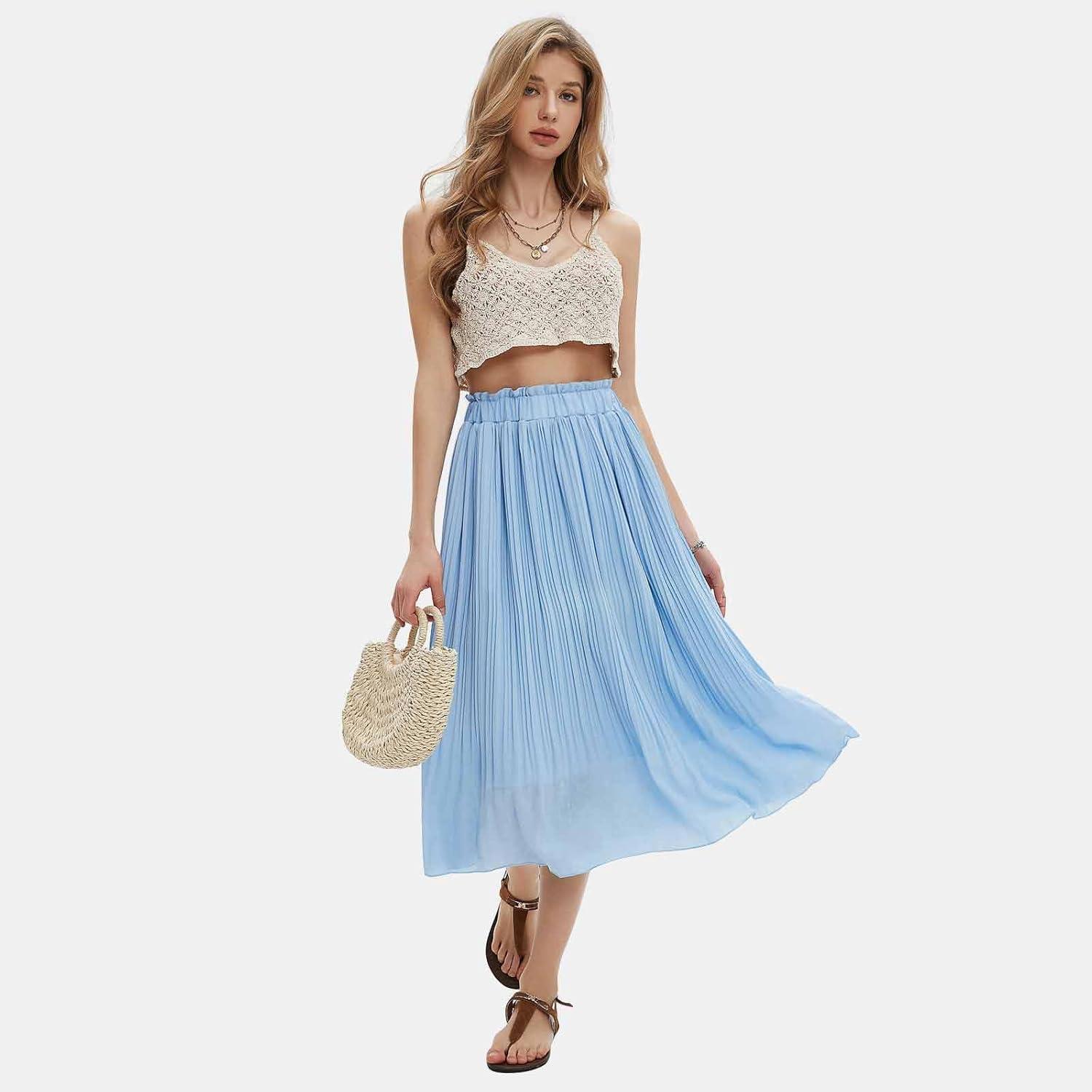 imageEXLURA Womens High Waist Polka Dot Pleated Maxi Skirt Midi Swing Skirt Beach Vacation Cruise Outfits with PocketsSolid Blue