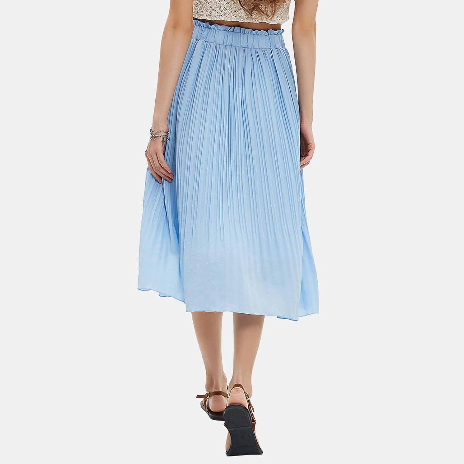 imageEXLURA Womens High Waist Polka Dot Pleated Maxi Skirt Midi Swing Skirt Beach Vacation Cruise Outfits with PocketsSolid Blue