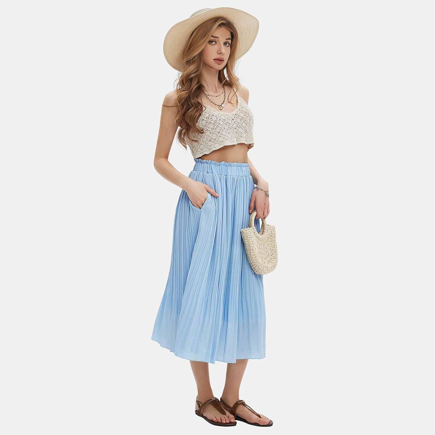 imageEXLURA Womens High Waist Polka Dot Pleated Maxi Skirt Midi Swing Skirt Beach Vacation Cruise Outfits with PocketsSolid Blue