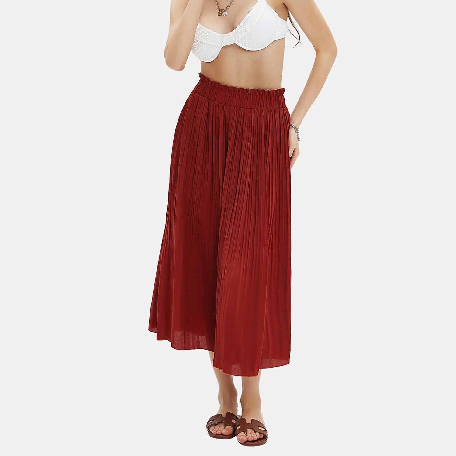 imageEXLURA Womens High Waist Polka Dot Pleated Maxi Skirt Midi Swing Skirt Beach Vacation Cruise Outfits with PocketsSolid Caramel