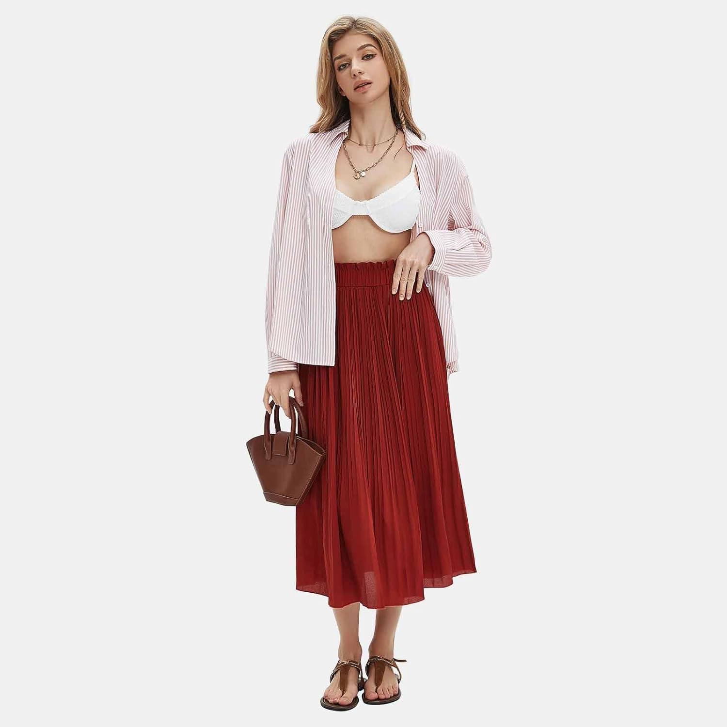 imageEXLURA Womens High Waist Polka Dot Pleated Maxi Skirt Midi Swing Skirt Beach Vacation Cruise Outfits with PocketsSolid Caramel