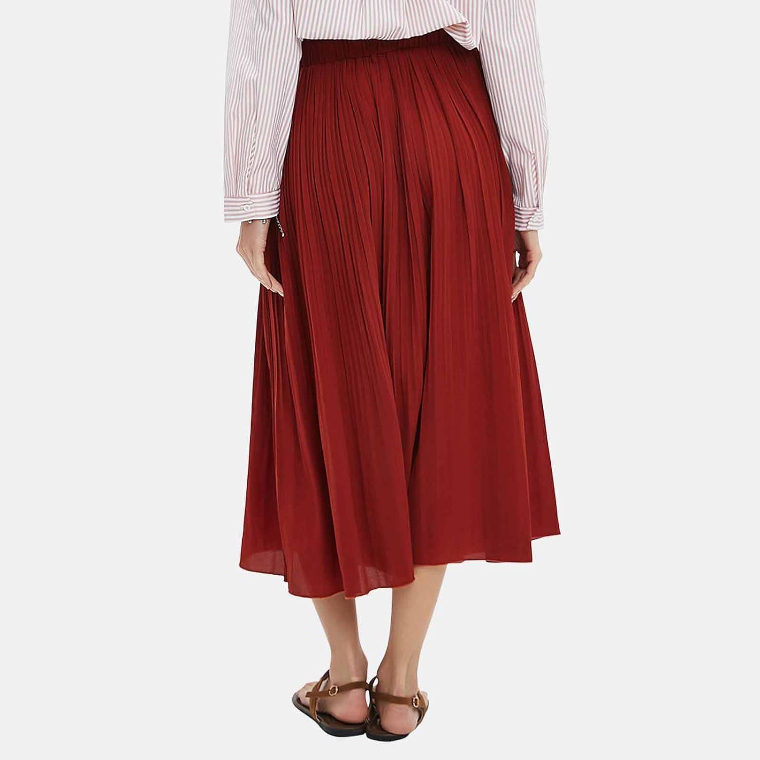 imageEXLURA Womens High Waist Polka Dot Pleated Maxi Skirt Midi Swing Skirt Beach Vacation Cruise Outfits with PocketsSolid Caramel