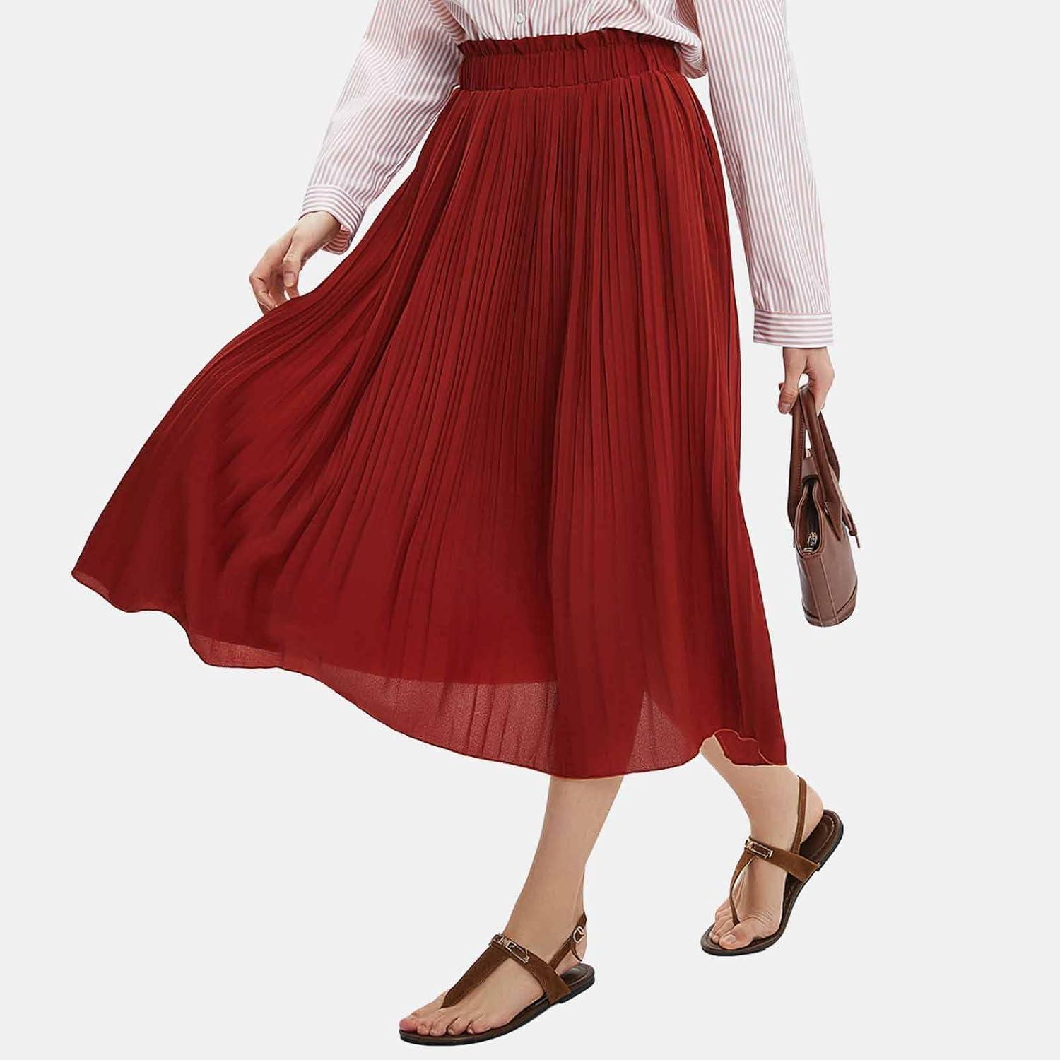 imageEXLURA Womens High Waist Polka Dot Pleated Maxi Skirt Midi Swing Skirt Beach Vacation Cruise Outfits with PocketsSolid Caramel