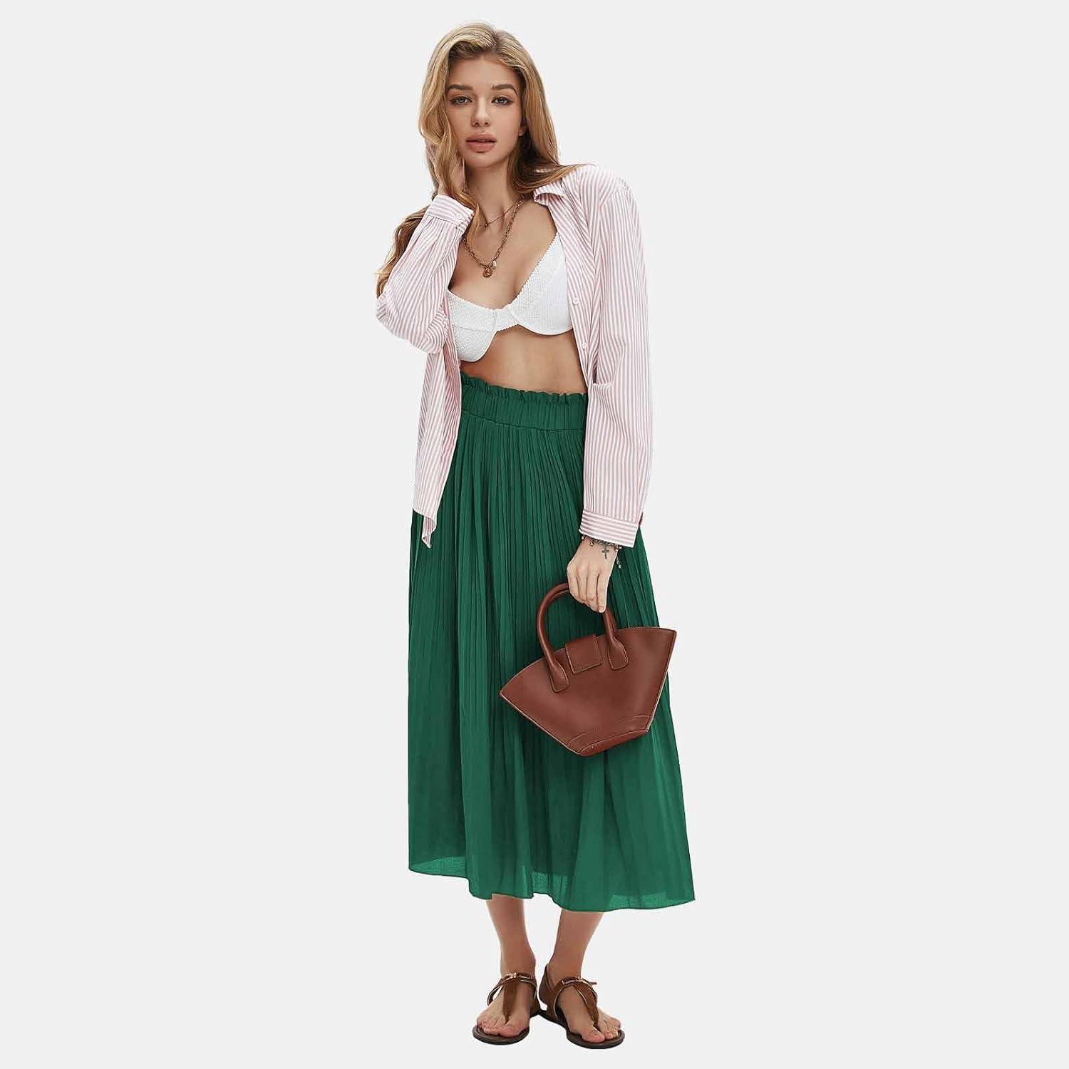 imageEXLURA Womens High Waist Polka Dot Pleated Maxi Skirt Midi Swing Skirt Beach Vacation Cruise Outfits with PocketsSolid Green