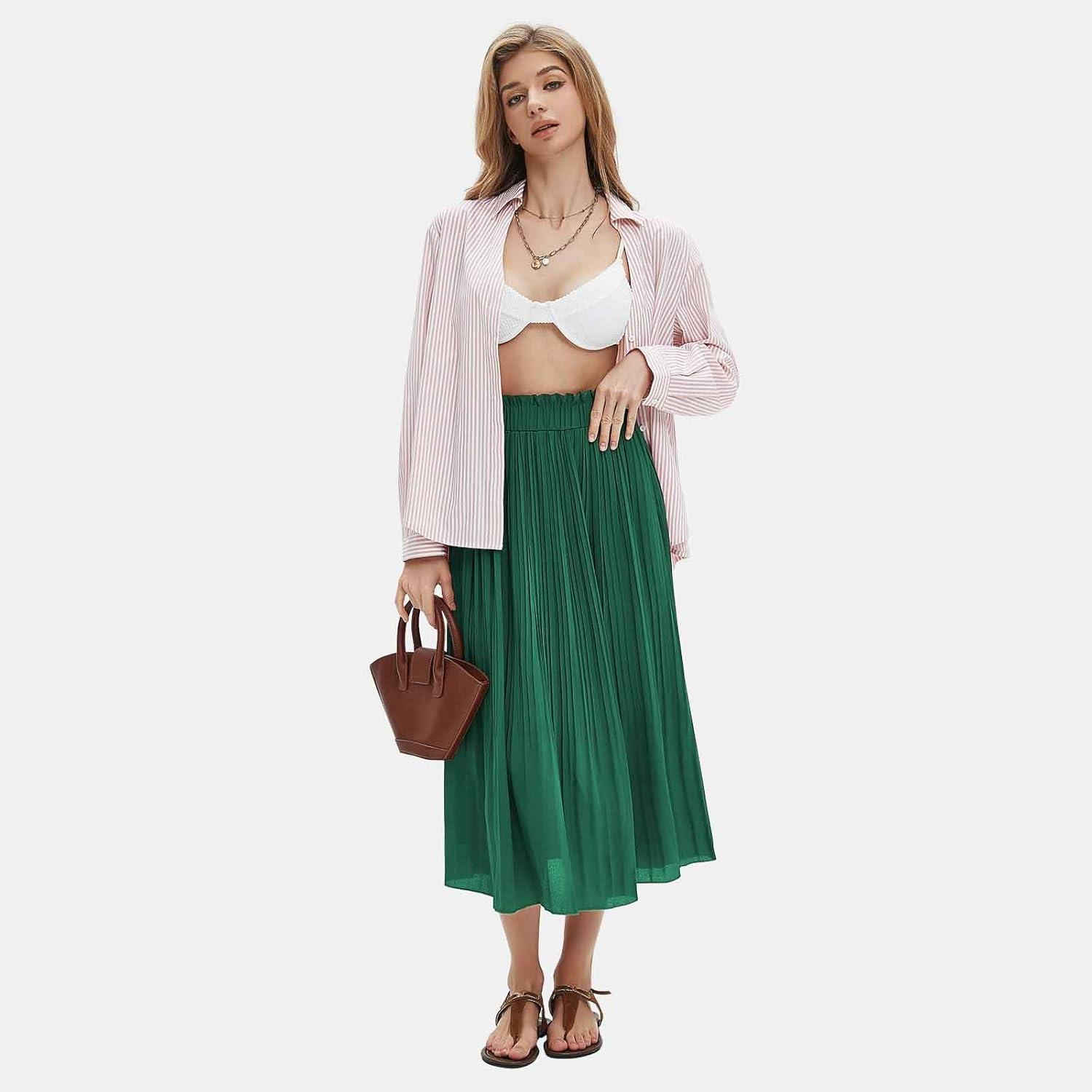 imageEXLURA Womens High Waist Polka Dot Pleated Maxi Skirt Midi Swing Skirt Beach Vacation Cruise Outfits with PocketsSolid Green