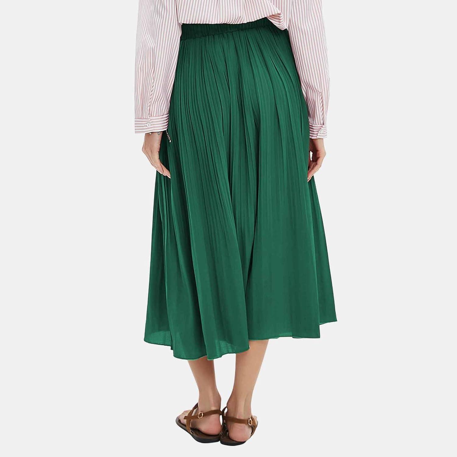 imageEXLURA Womens High Waist Polka Dot Pleated Maxi Skirt Midi Swing Skirt Beach Vacation Cruise Outfits with PocketsSolid Green