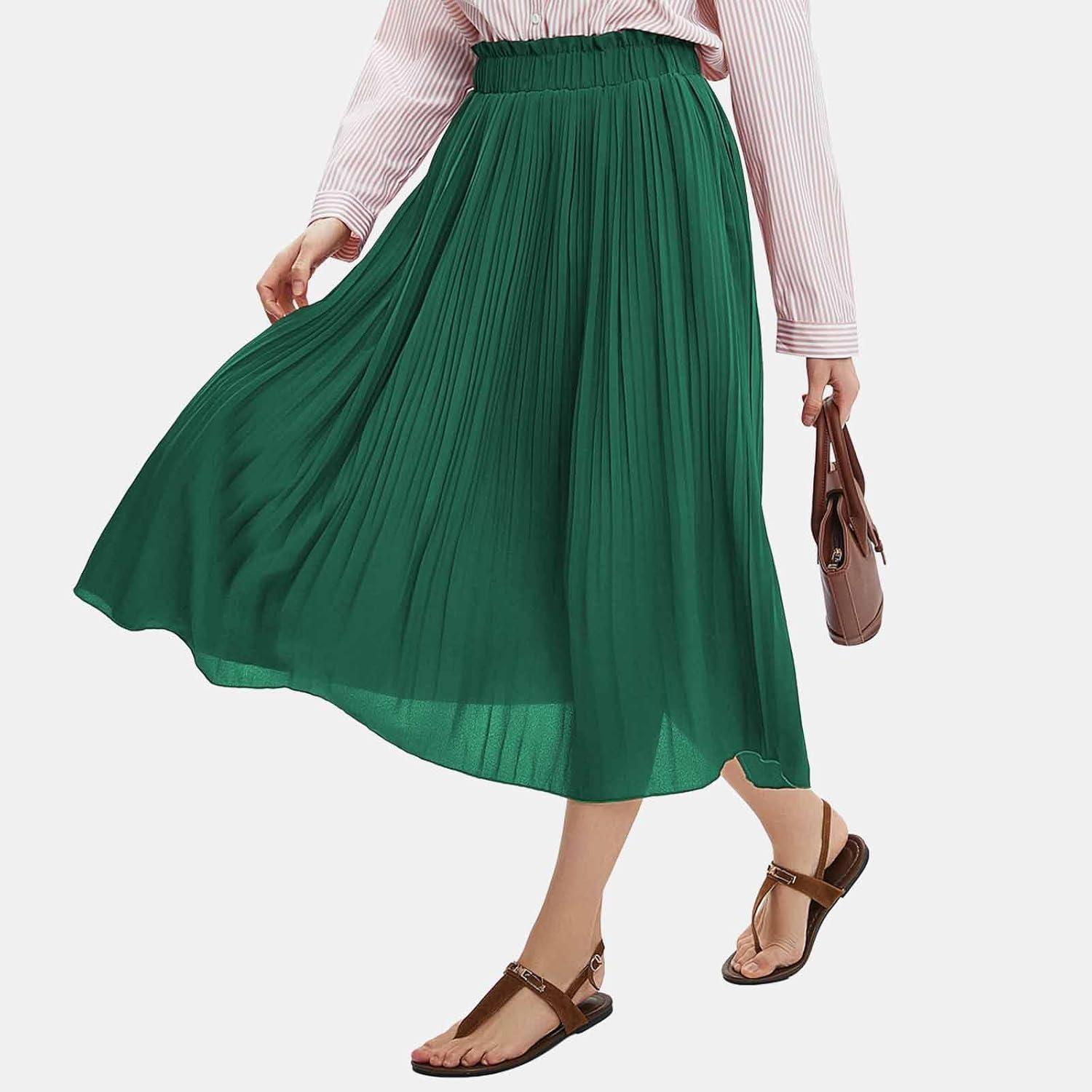 imageEXLURA Womens High Waist Polka Dot Pleated Maxi Skirt Midi Swing Skirt Beach Vacation Cruise Outfits with PocketsSolid Green