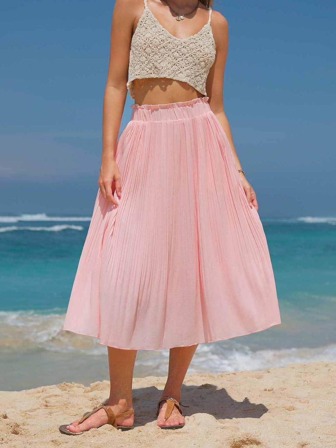 imageEXLURA Womens High Waist Polka Dot Pleated Maxi Skirt Midi Swing Skirt Beach Vacation Cruise Outfits with PocketsSolid Pink