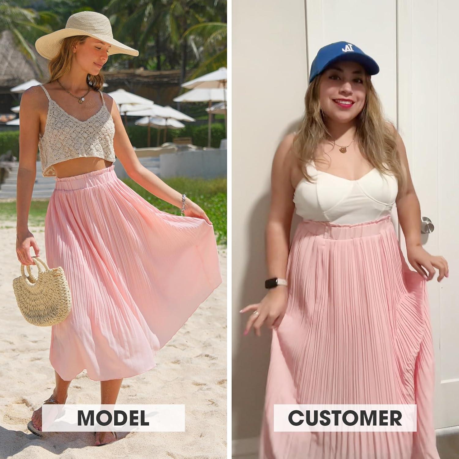 imageEXLURA Womens High Waist Polka Dot Pleated Maxi Skirt Midi Swing Skirt Beach Vacation Cruise Outfits with PocketsSolid Pink