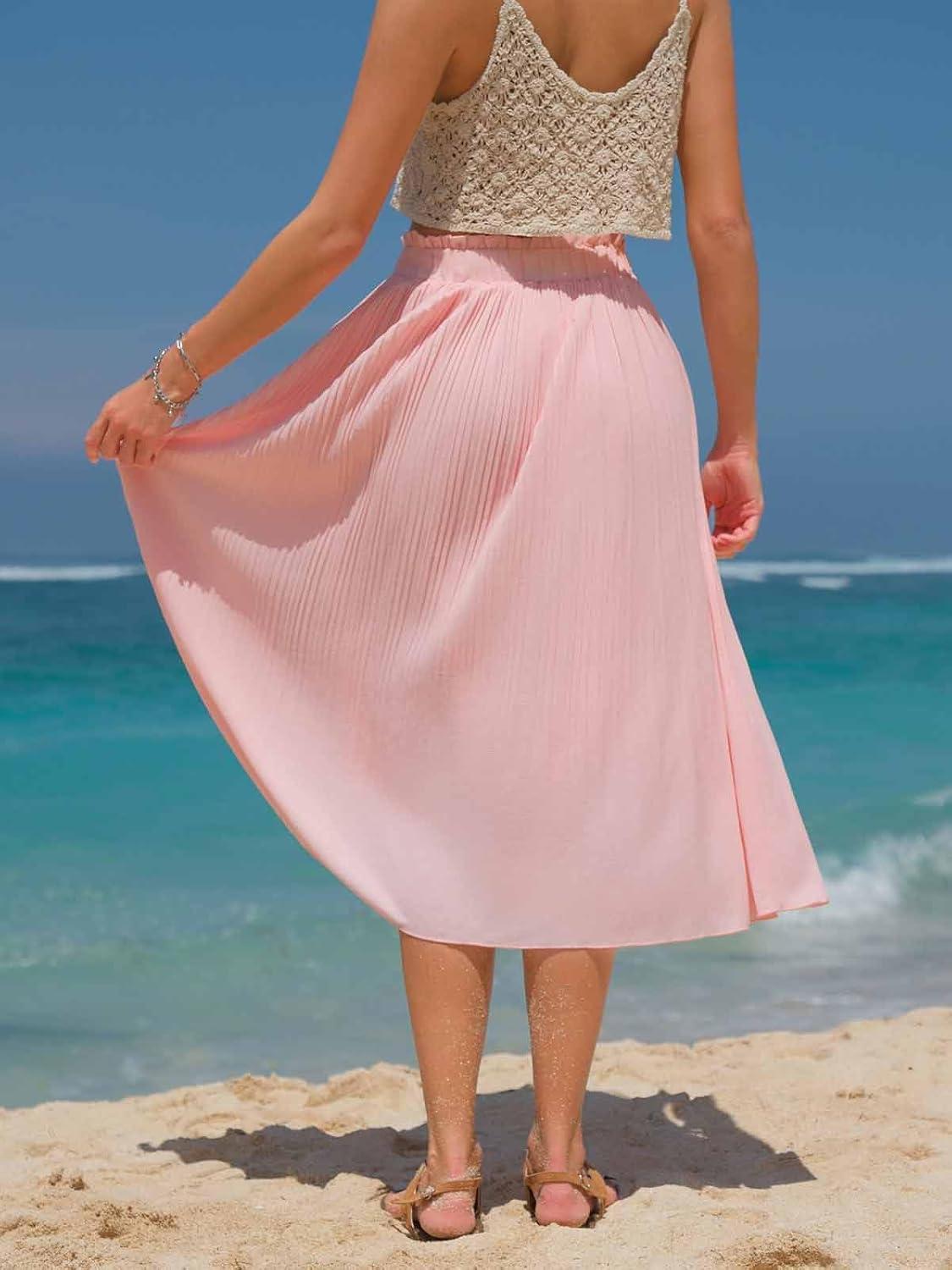 imageEXLURA Womens High Waist Polka Dot Pleated Maxi Skirt Midi Swing Skirt Beach Vacation Cruise Outfits with PocketsSolid Pink